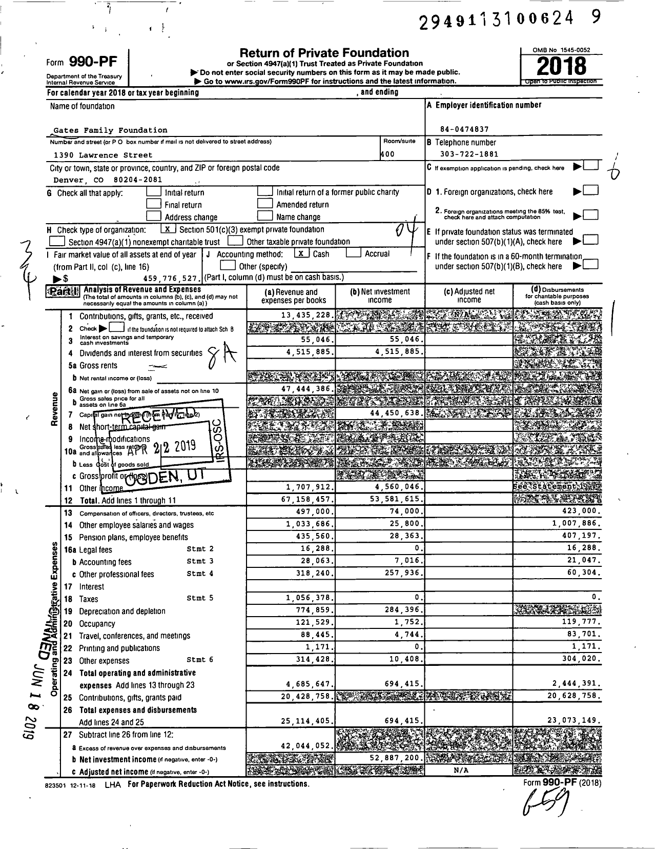 Image of first page of 2018 Form 990PF for Gates Family Foundation (GFF)