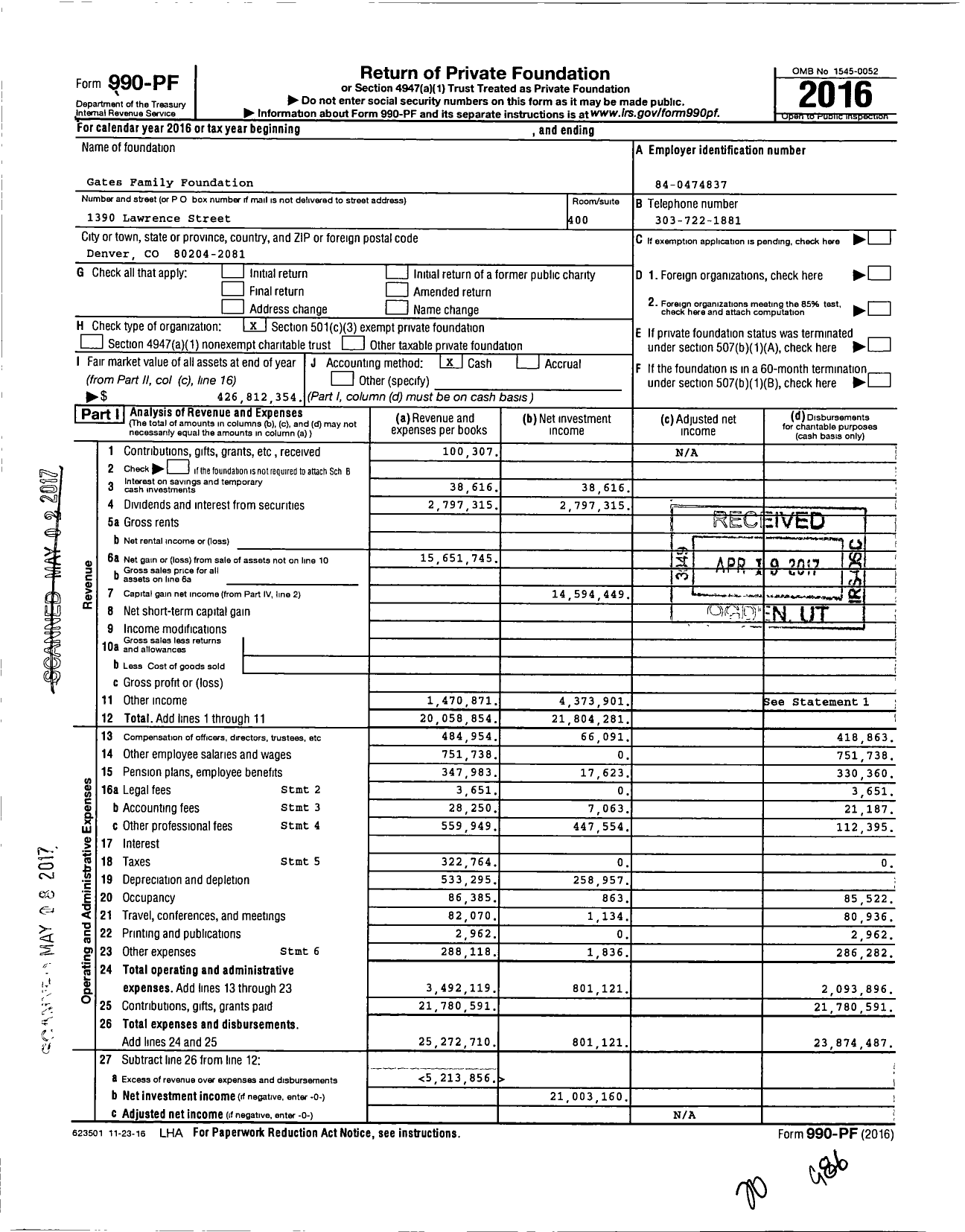 Image of first page of 2016 Form 990PF for Gates Family Foundation (GFF)
