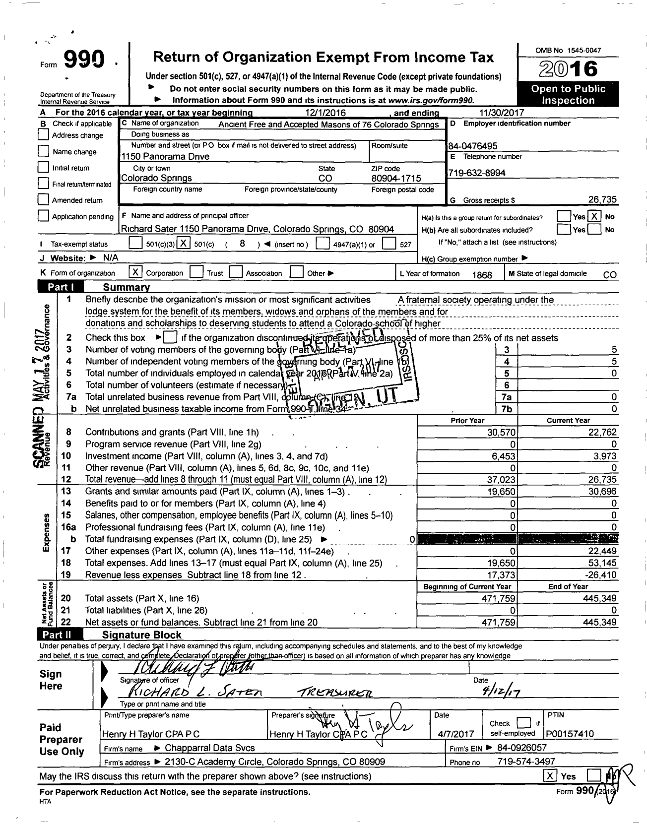 Image of first page of 2016 Form 990O for Ancient Free and Accepted Masons of Colorado - 76 Colorado Springs