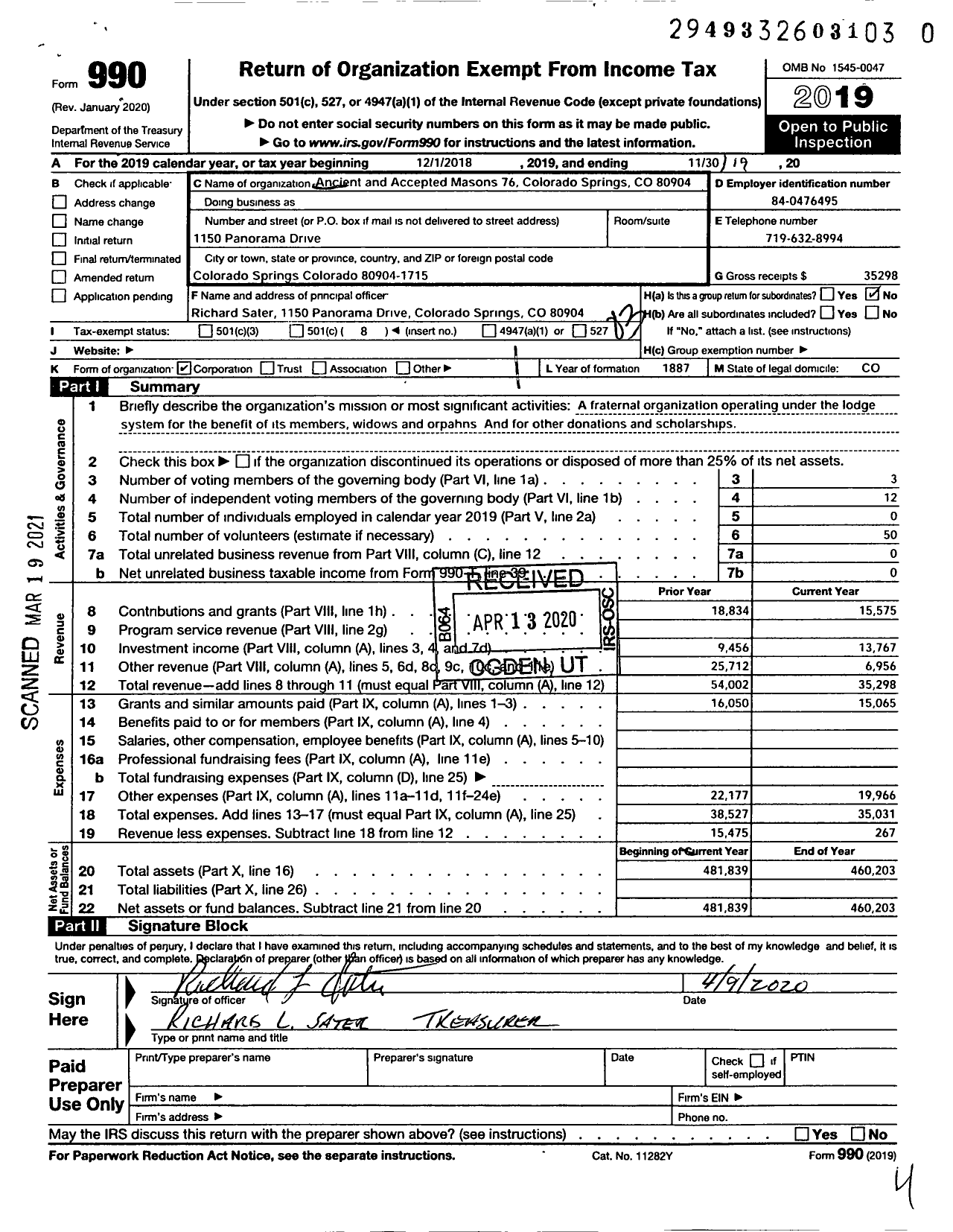 Image of first page of 2018 Form 990 for Ancient Free and Accepted Masons of Colorado - 76 Colorado Springs