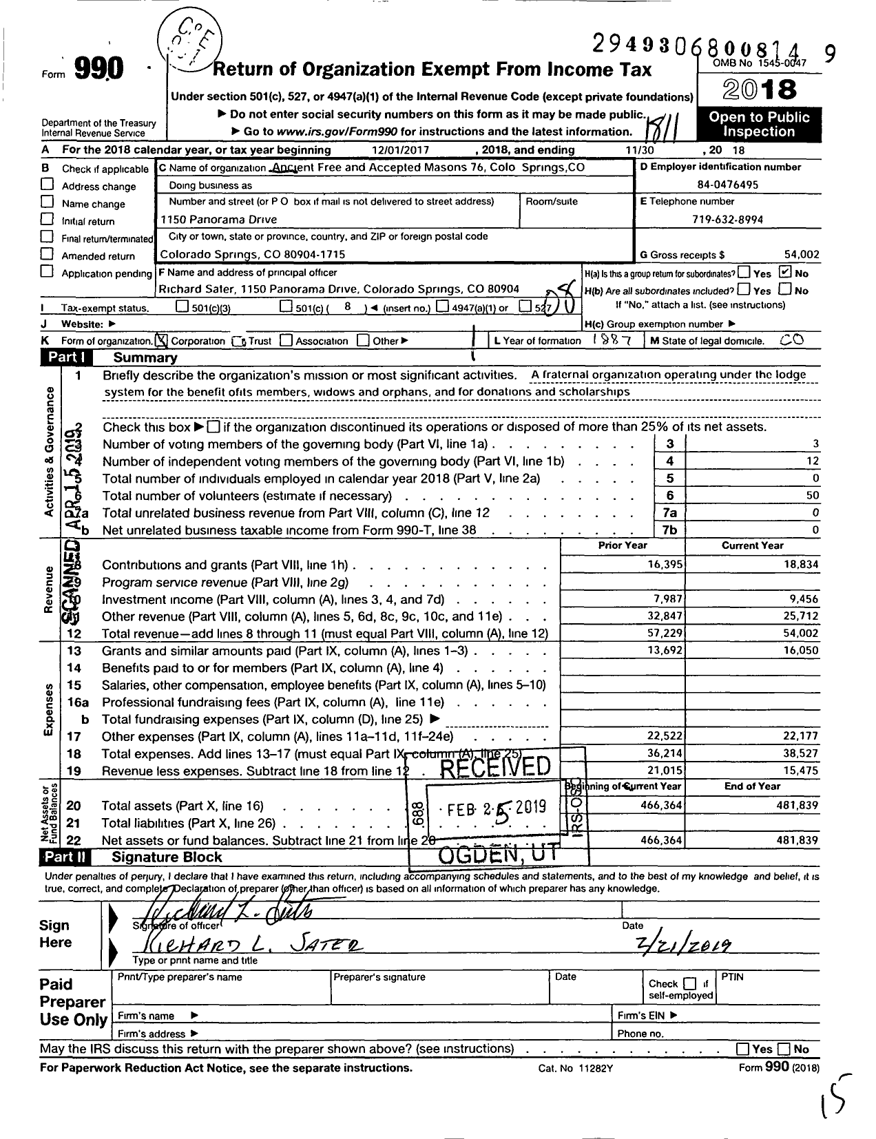 Image of first page of 2017 Form 990O for Ancient Free and Accepted Masons of Colorado - 76 Colorado Springs