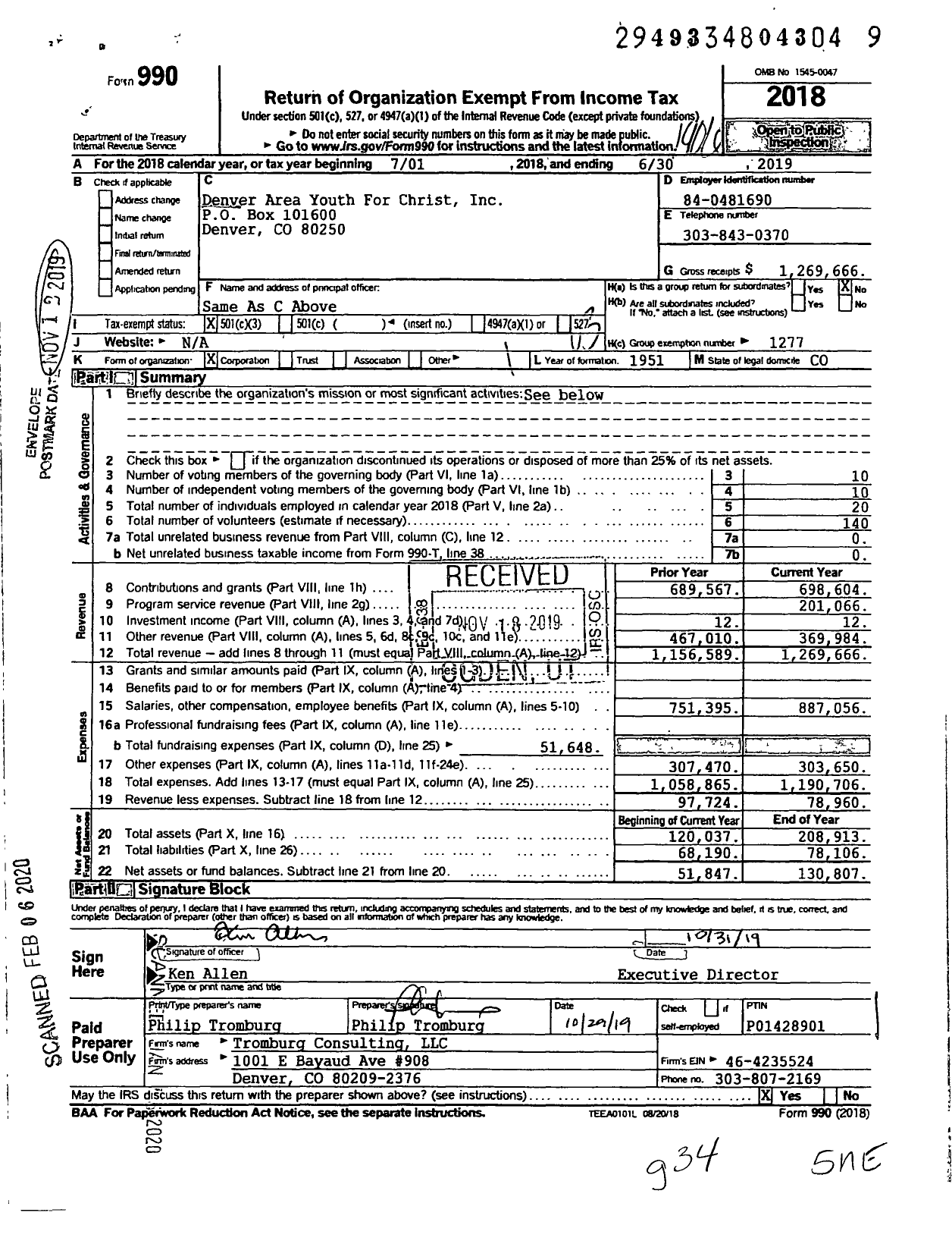 Image of first page of 2018 Form 990 for Youth For Christ - Denver Area Youth For Christ