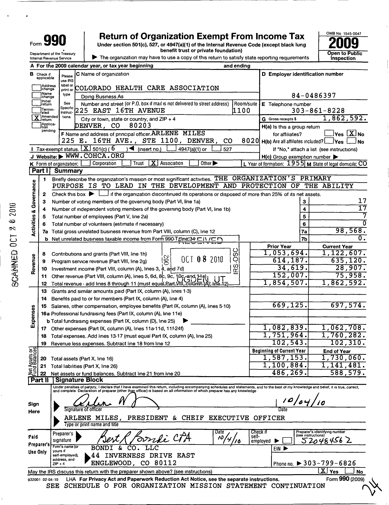 Image of first page of 2009 Form 990O for Colorado Health Care Pac (CHCA)