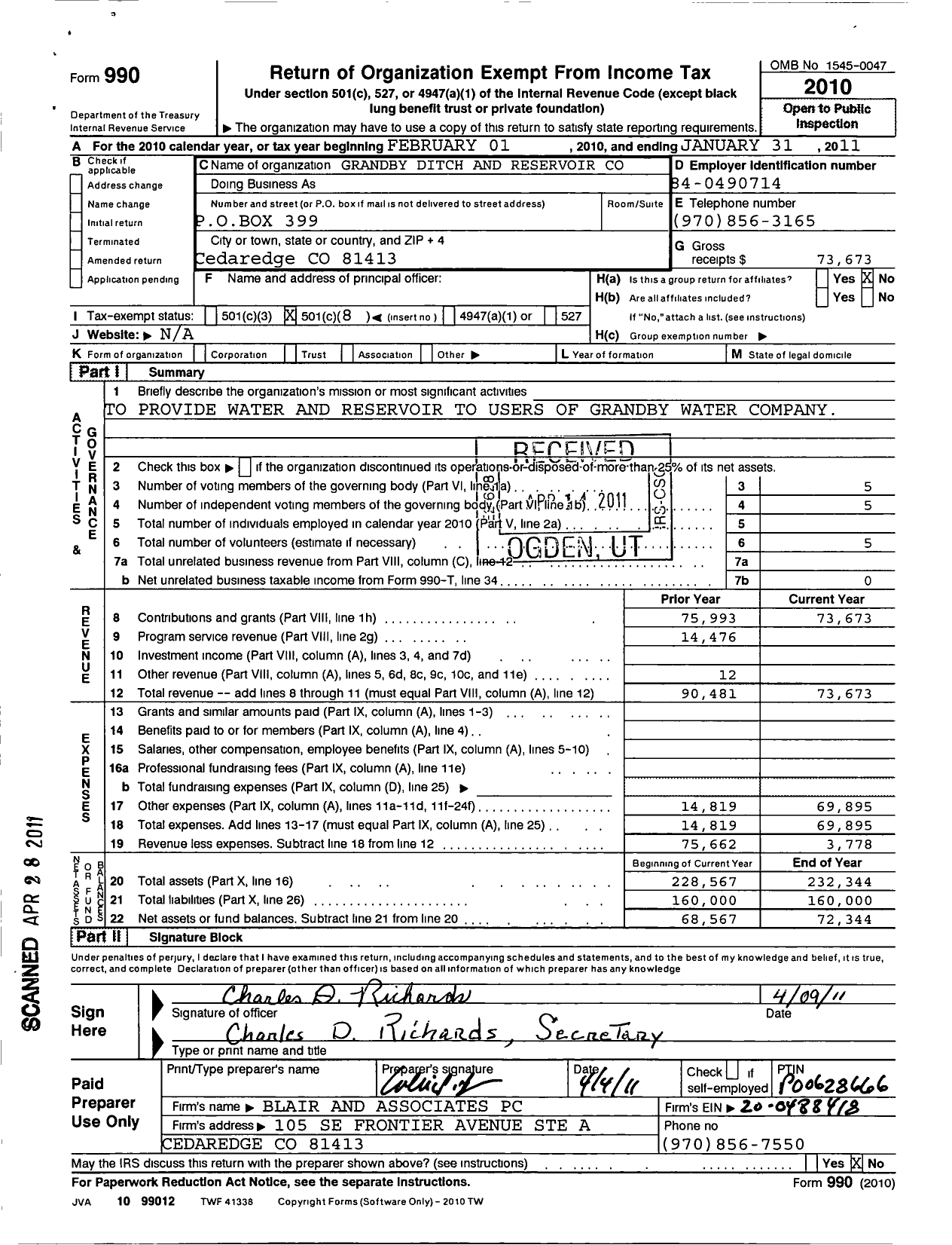 Image of first page of 2010 Form 990O for Granby Ditch and Reservoir