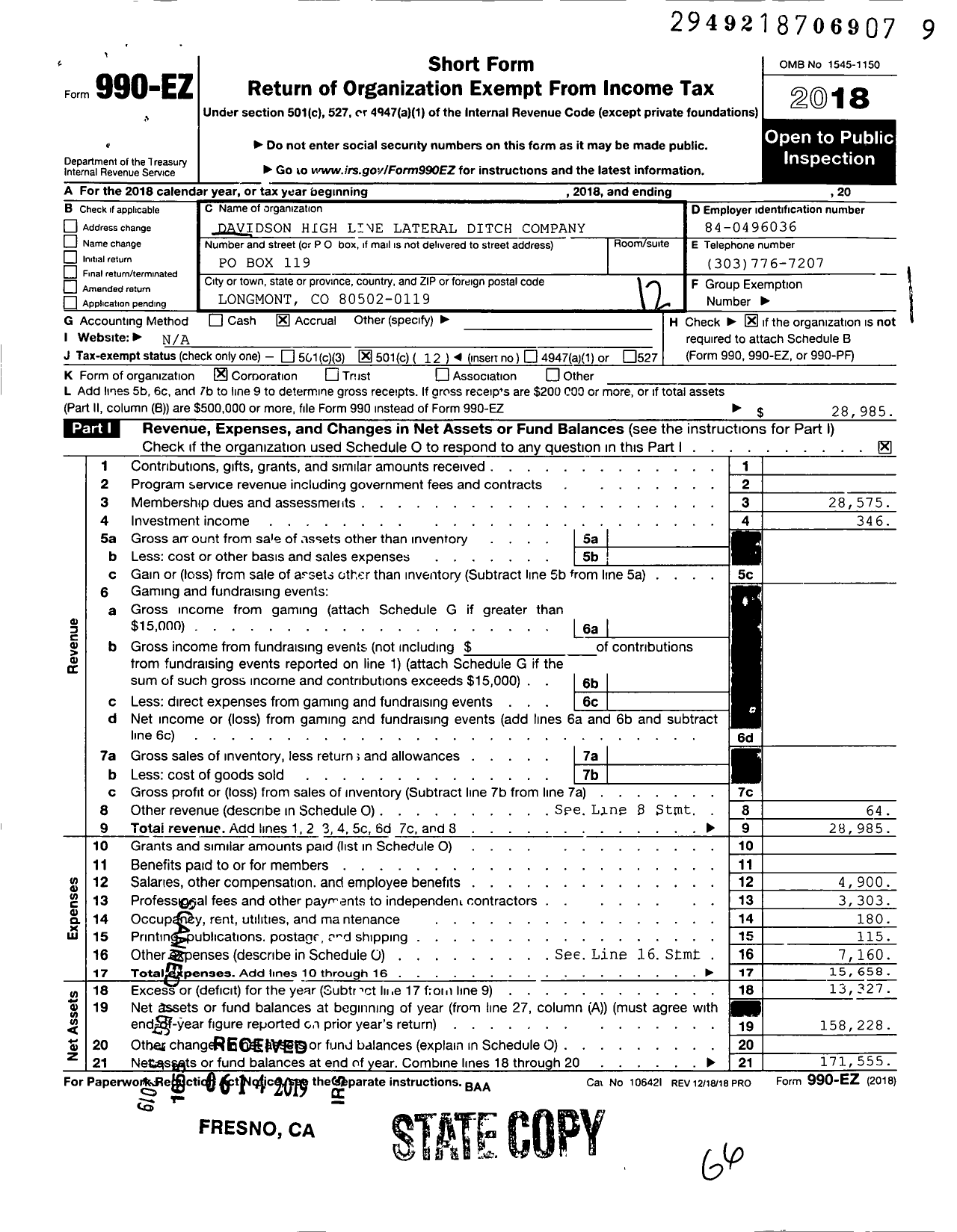 Image of first page of 2018 Form 990EO for Davidson High Line Lateral Ditch Company