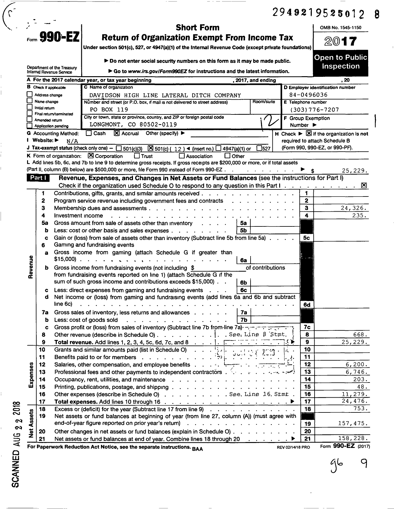 Image of first page of 2017 Form 990EO for Davidson High Line Lateral Ditch Company