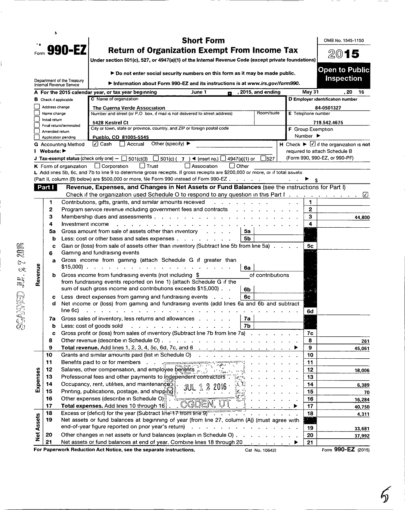 Image of first page of 2015 Form 990EO for The Cuerna Verde Association