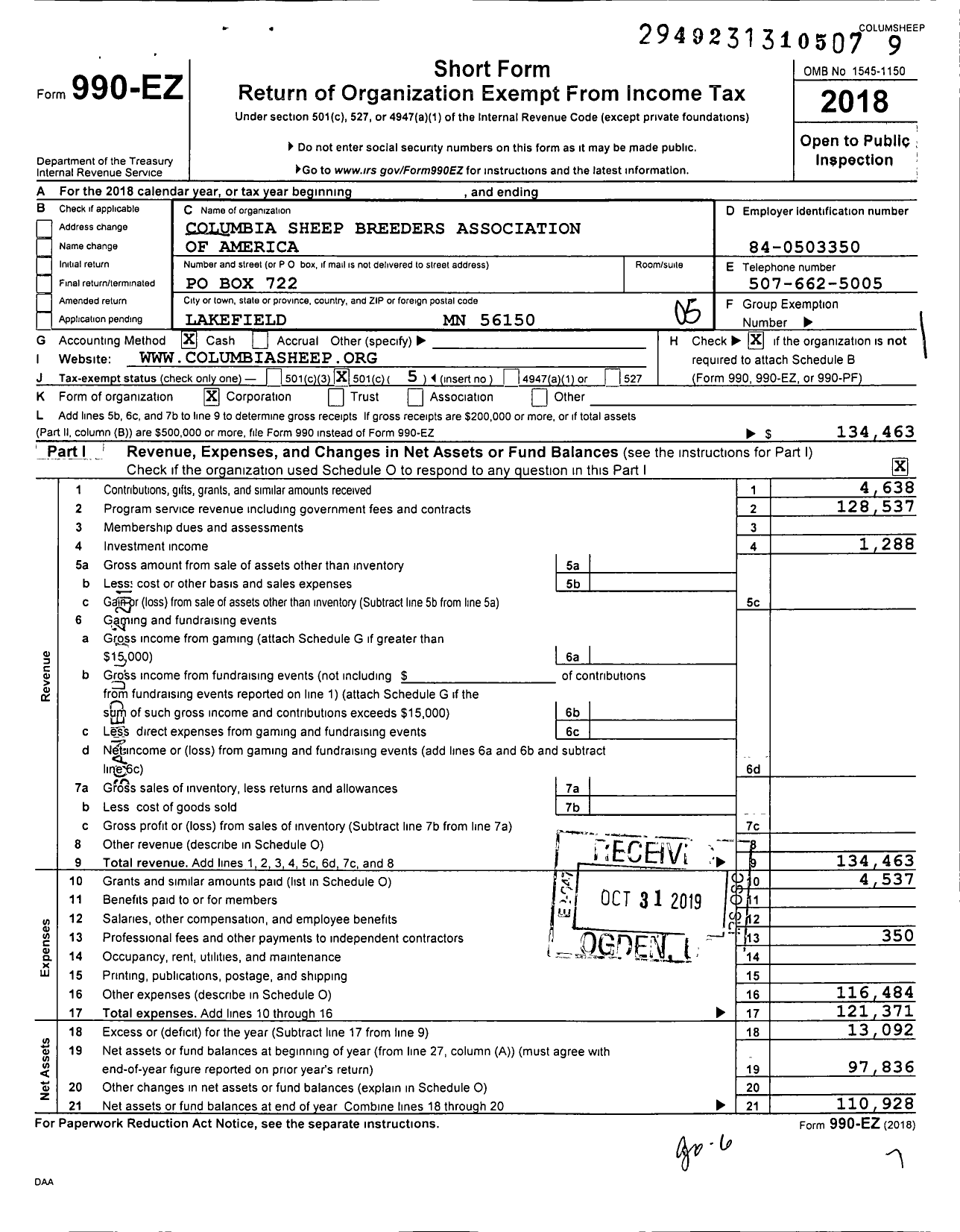 Image of first page of 2018 Form 990EO for Columbia Sheep Breeders Association of America