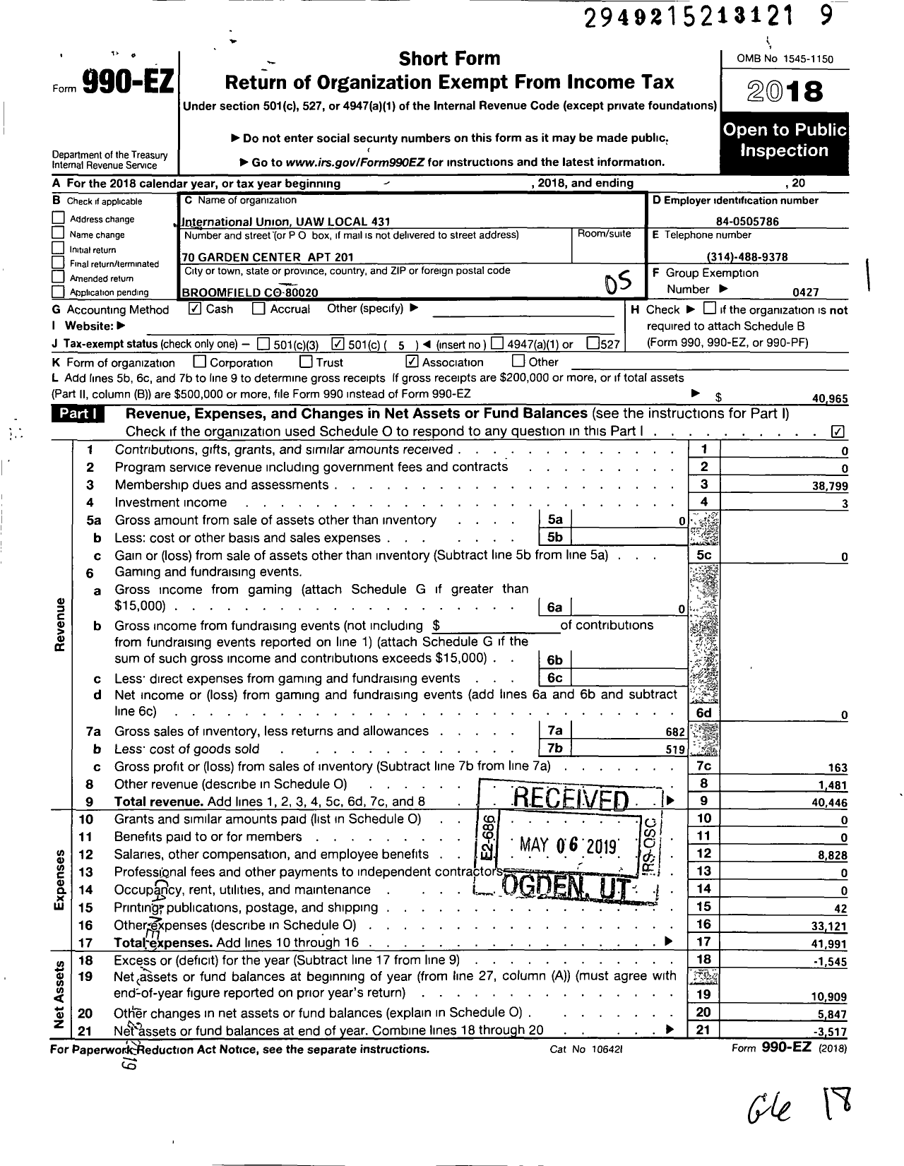 Image of first page of 2018 Form 990EO for Uaw - 431 Uaw Local (431 Uaw Local)