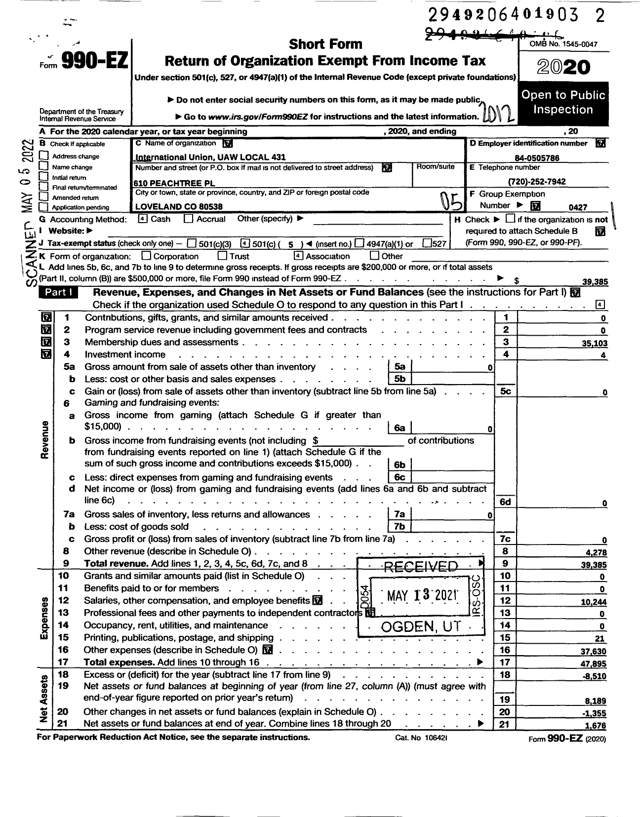 Image of first page of 2020 Form 990EO for Uaw - 431 Uaw Local (431 Uaw Local)