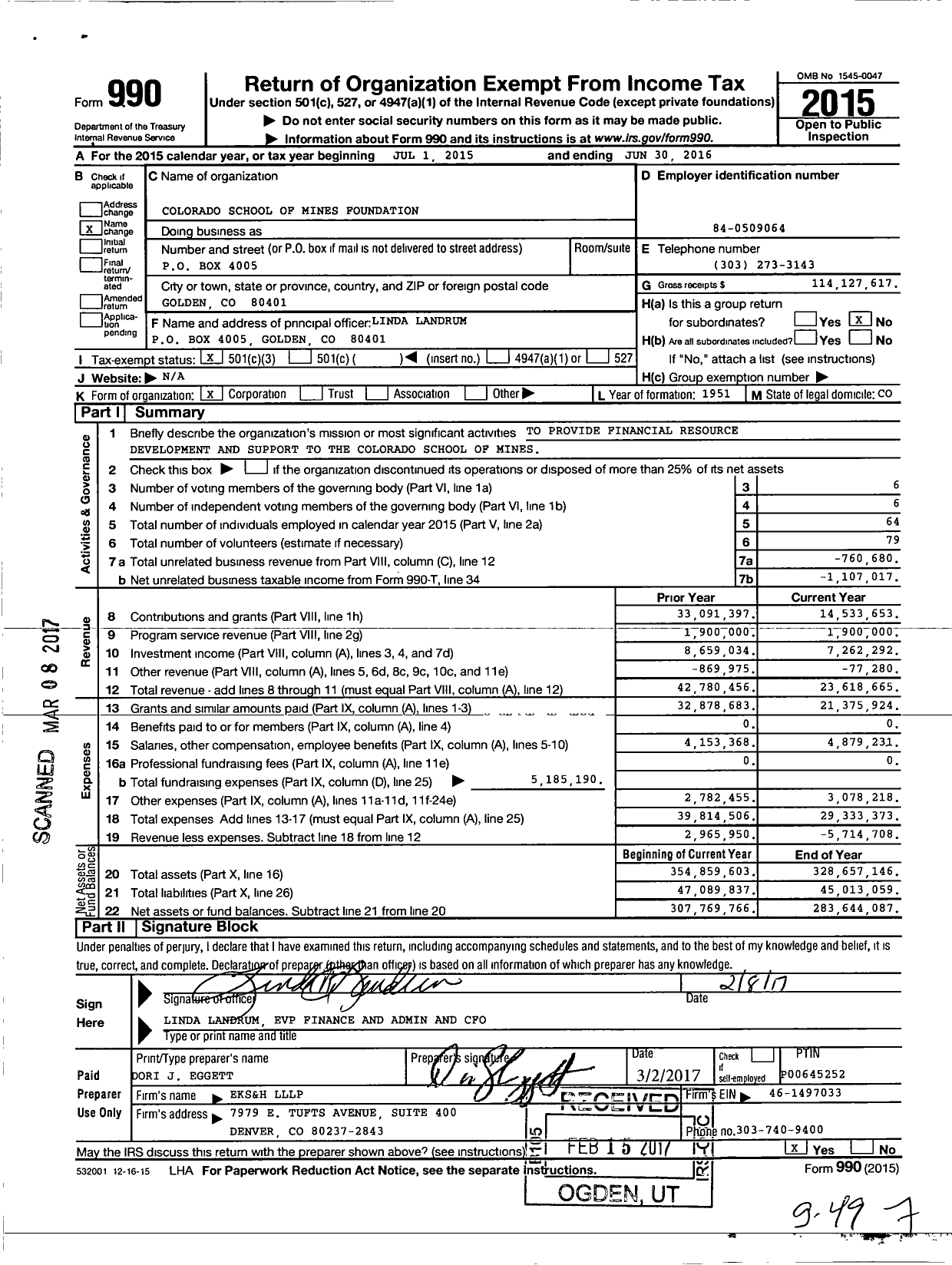 Image of first page of 2015 Form 990 for Colorado School of Mines Foundation