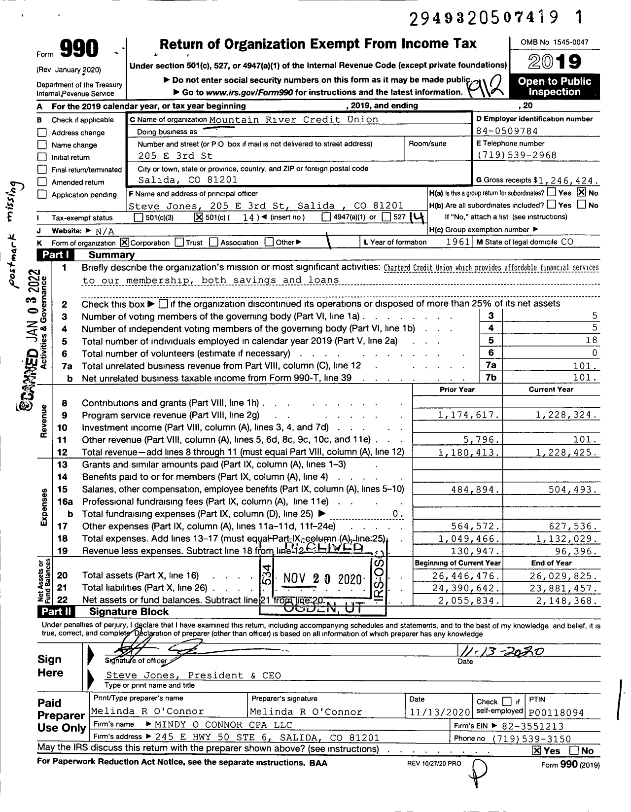 Image of first page of 2019 Form 990O for Credit Unions Chartered in the State of Colorado - 191 Mountain River Credit Union