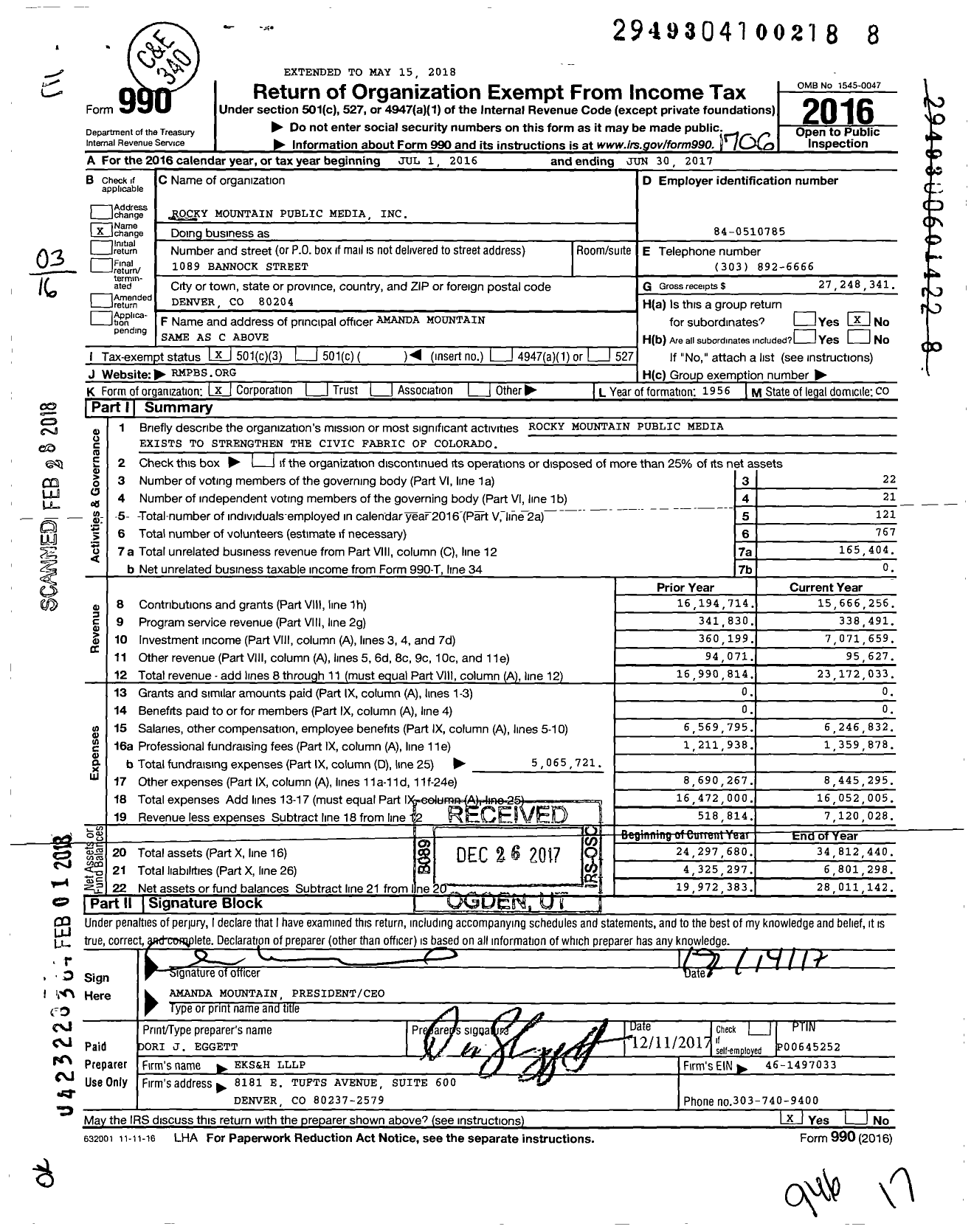 Image of first page of 2016 Form 990 for Rocky Mountain Public Media