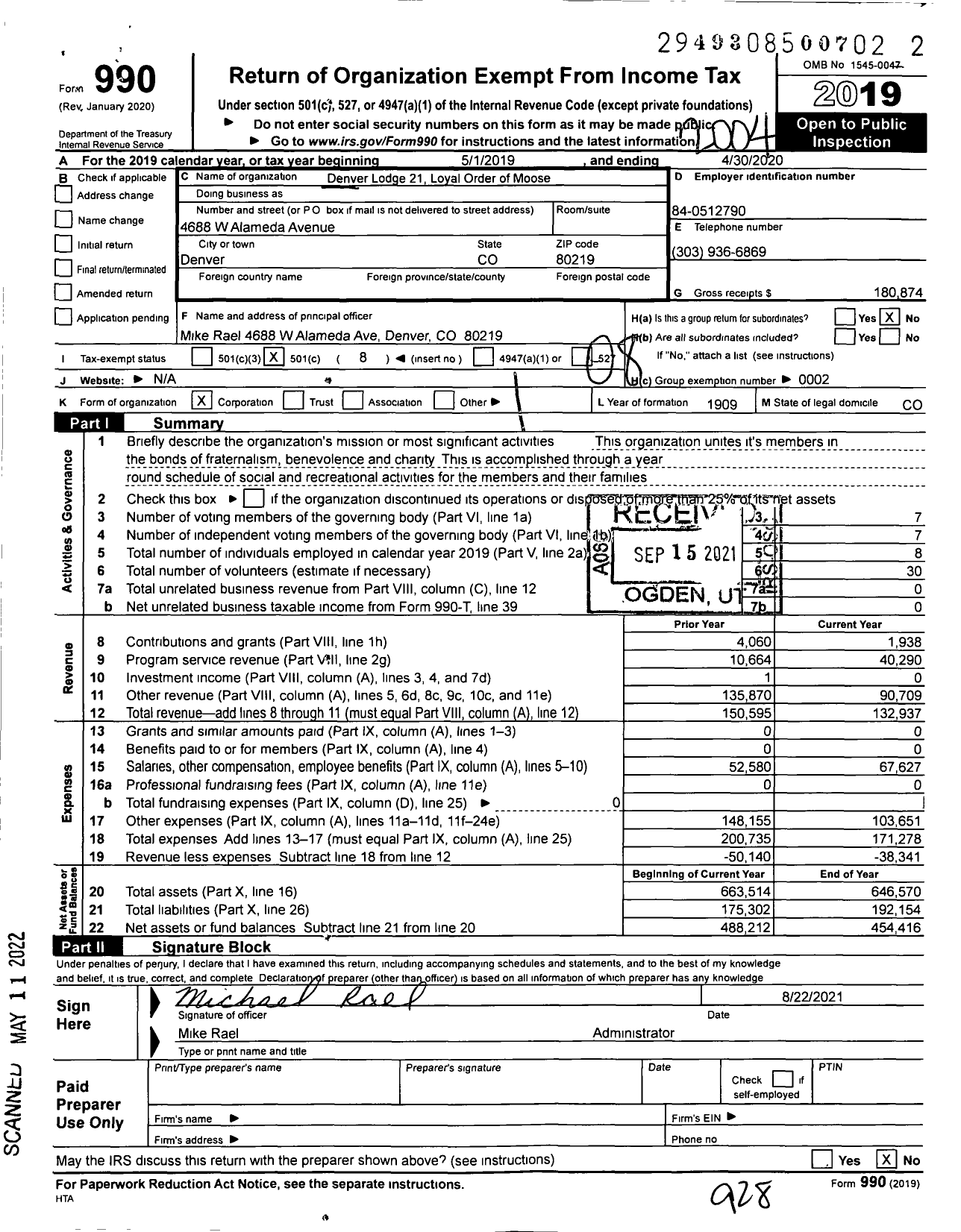 Image of first page of 2019 Form 990O for Loyal Order of Moose - 21