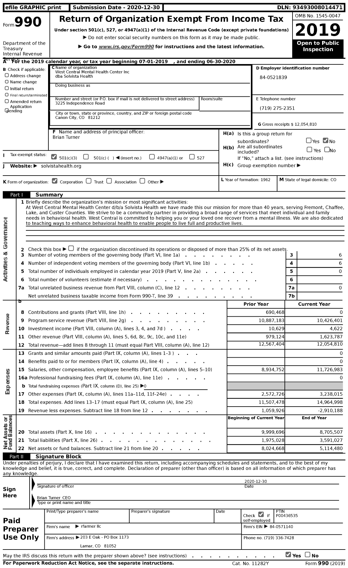 Image of first page of 2019 Form 990 for Solvista Health