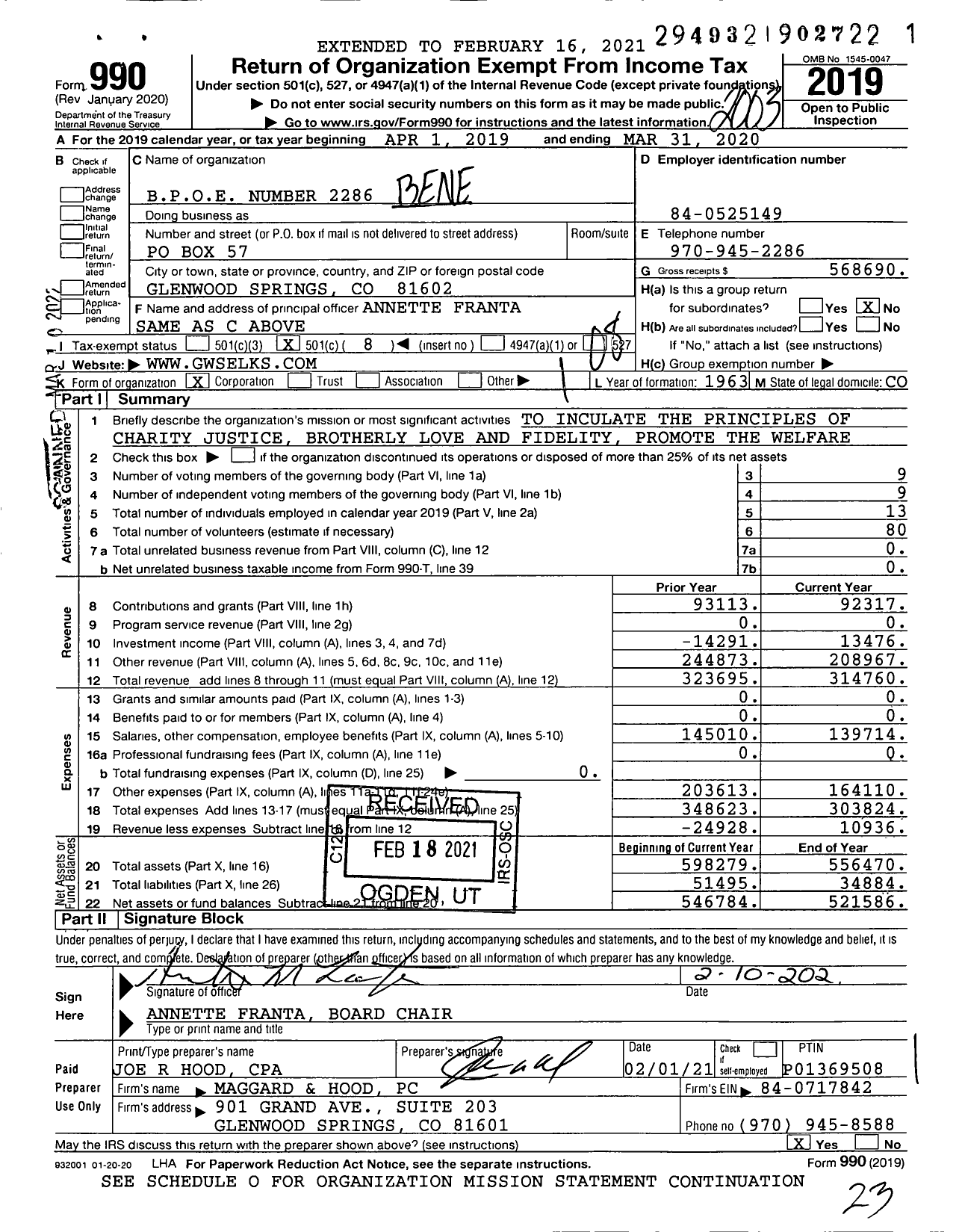 Image of first page of 2019 Form 990O for Benevolent and Protective Order of Elks - Glenwood Springs Lodge No 2286