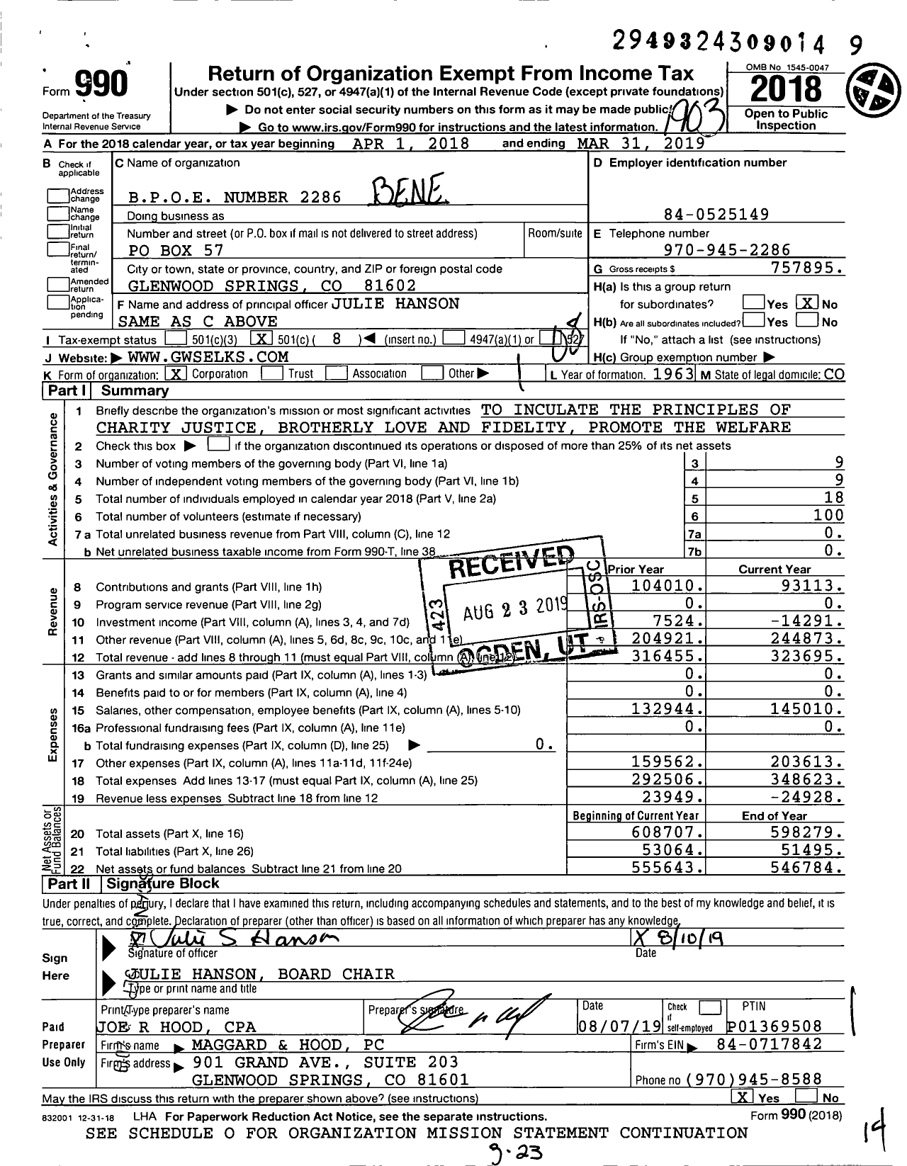 Image of first page of 2018 Form 990O for Benevolent and Protective Order of Elks - Glenwood Springs Lodge No 2286