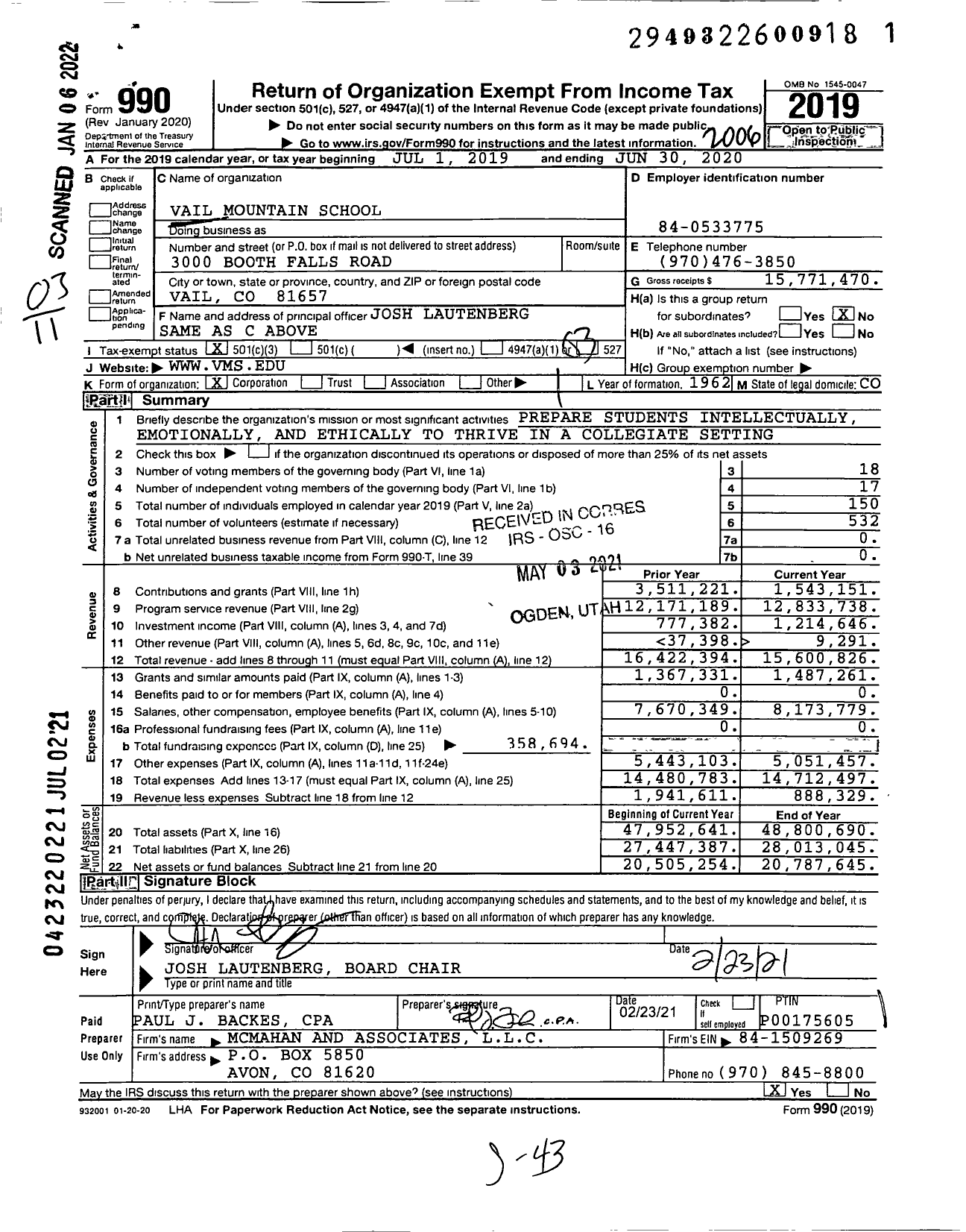 Image of first page of 2019 Form 990 for Vail Mountain School