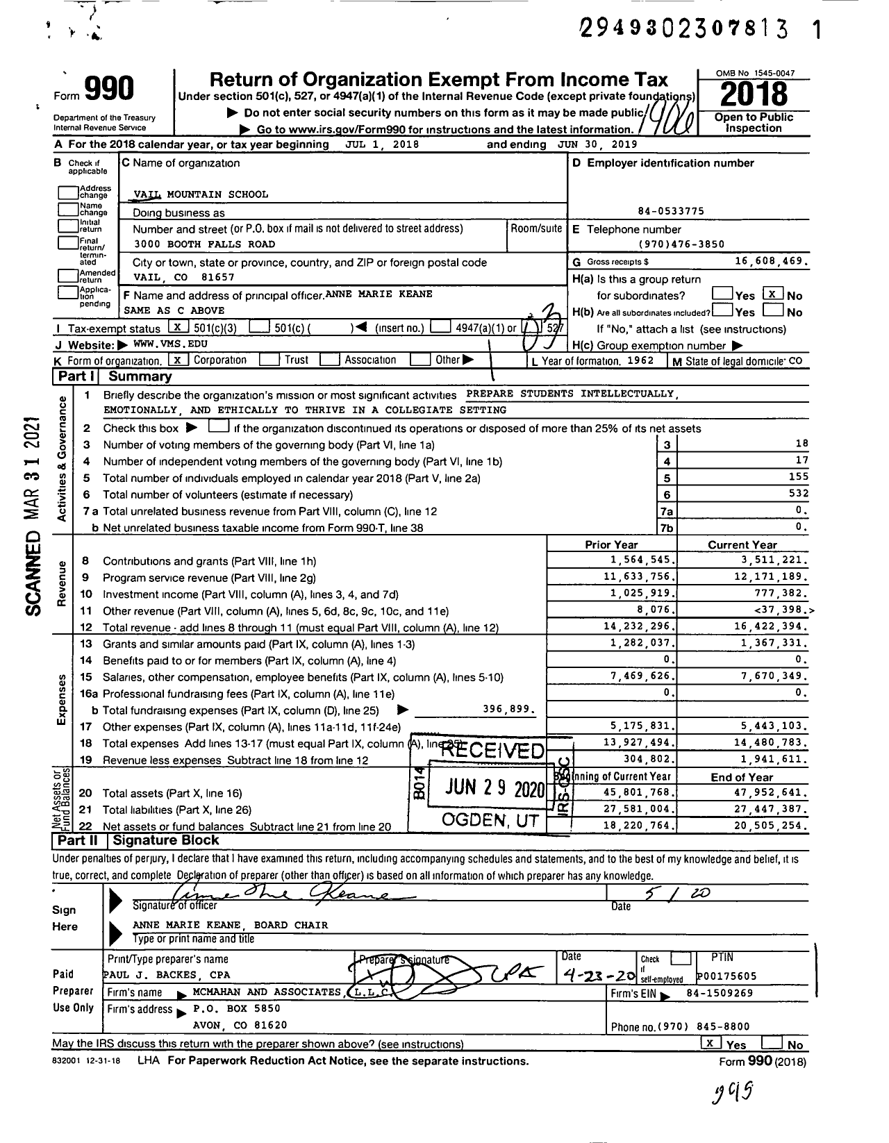 Image of first page of 2018 Form 990 for Vail Mountain School