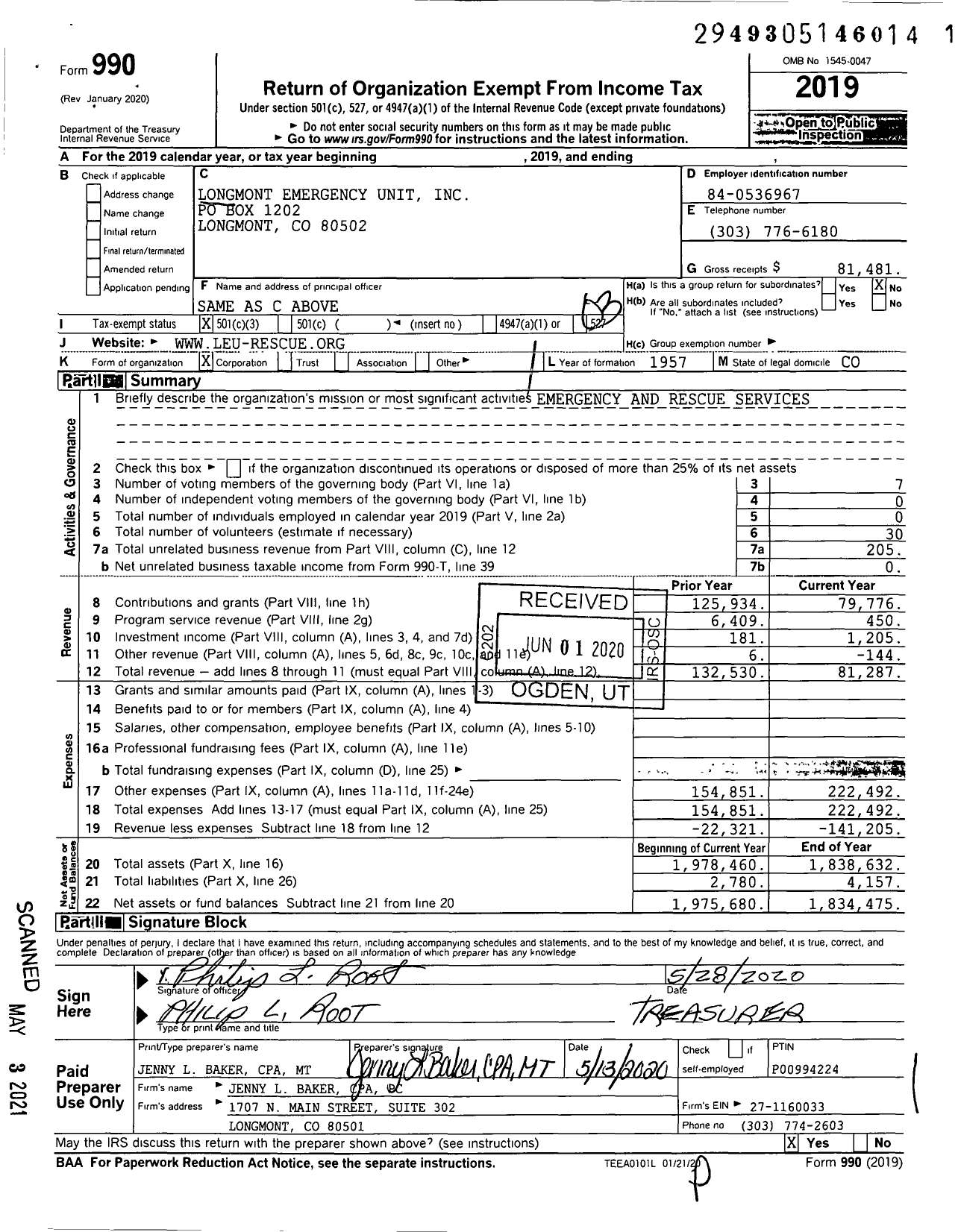 Image of first page of 2019 Form 990 for Longmont Emergency Unit