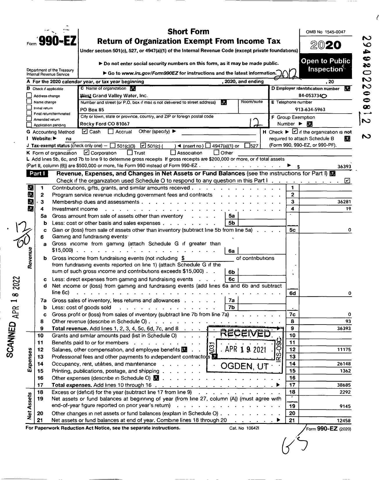 Image of first page of 2020 Form 990EO for West Grand Valley Water