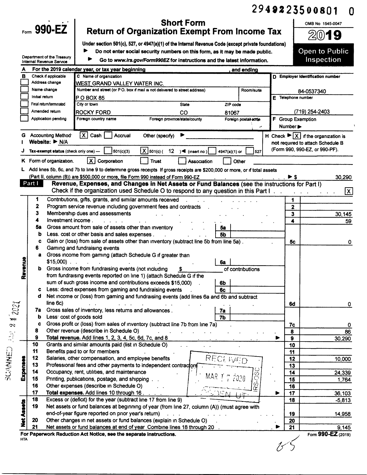 Image of first page of 2019 Form 990EO for West Grand Valley Water