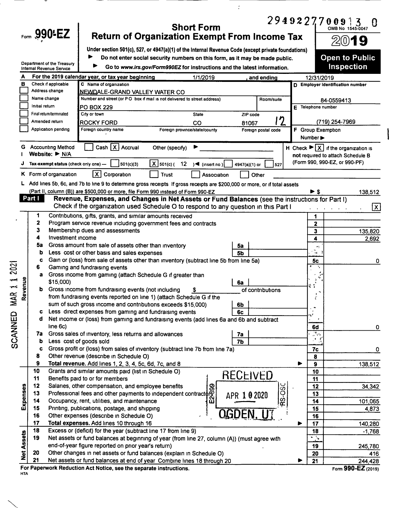 Image of first page of 2019 Form 990EO for Newdale-Grand Valley Water