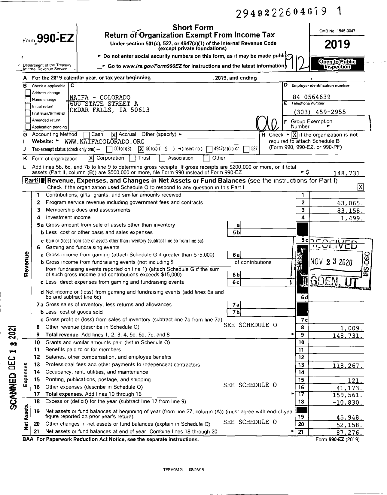 Image of first page of 2019 Form 990EO for NAIFA - Colorado