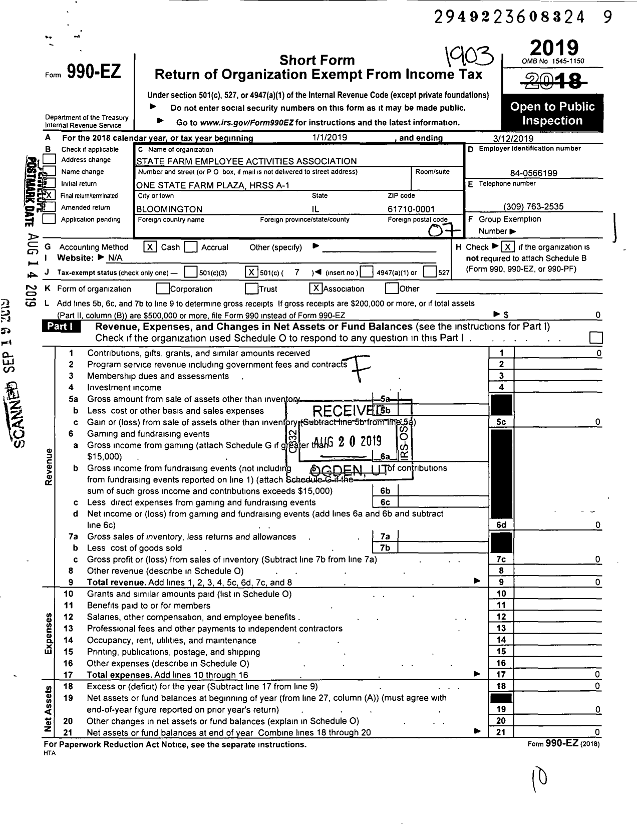 Image of first page of 2018 Form 990EO for State Farm Employees Activities Association