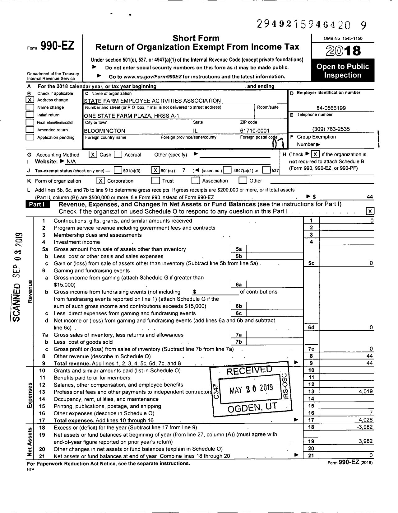 Image of first page of 2018 Form 990EO for State Farm Employees Activities Association