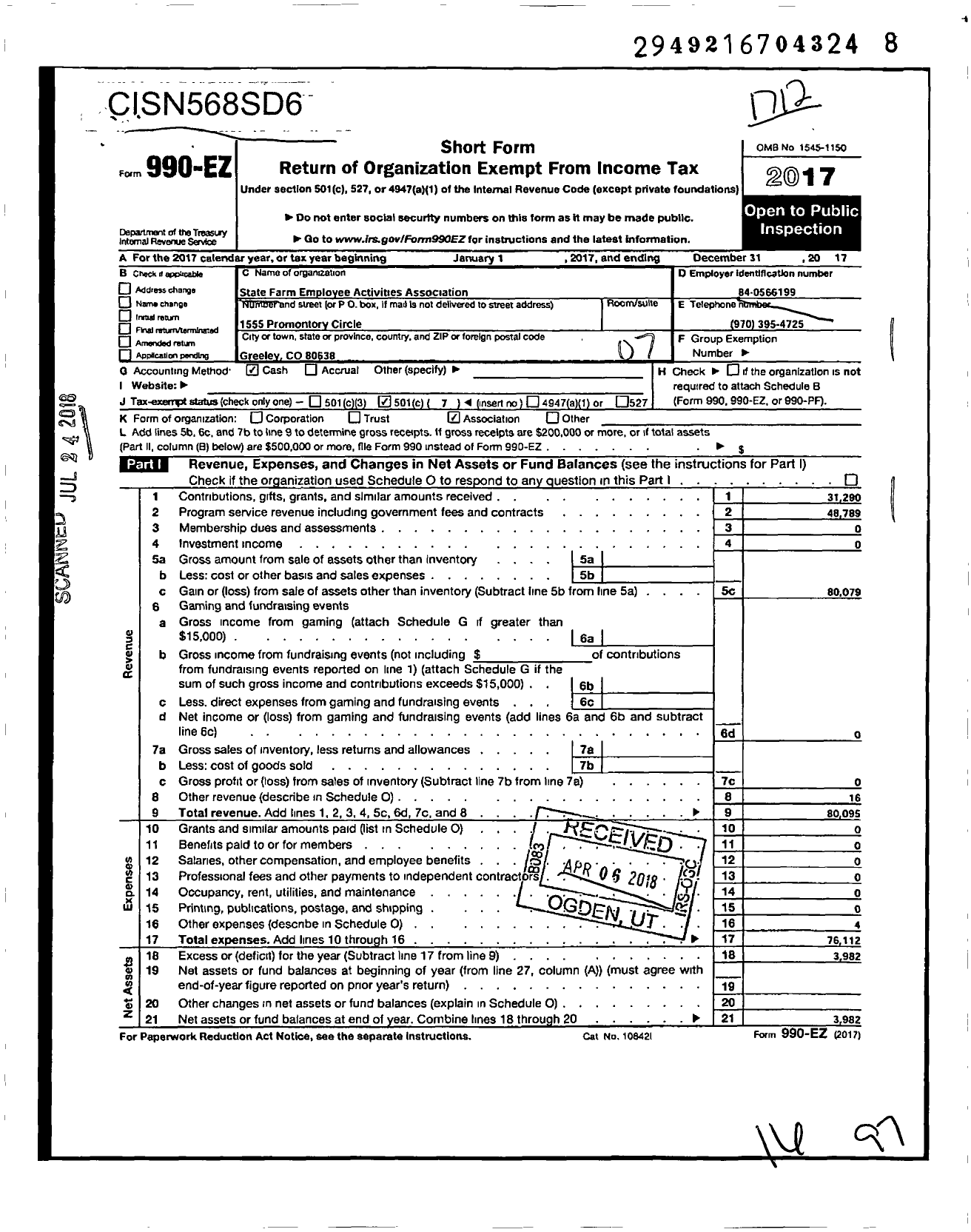 Image of first page of 2017 Form 990EO for State Farm Employees Activities Association