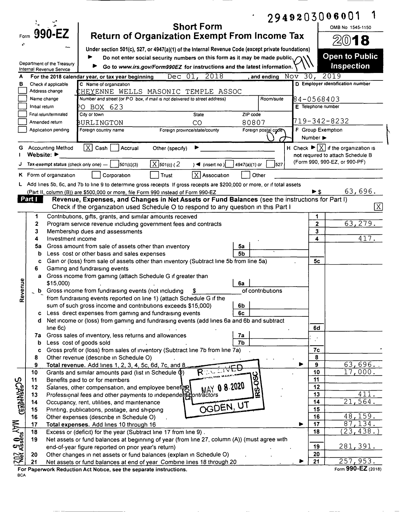 Image of first page of 2018 Form 990EO for Cheyenne Wells Masonic Temple Association