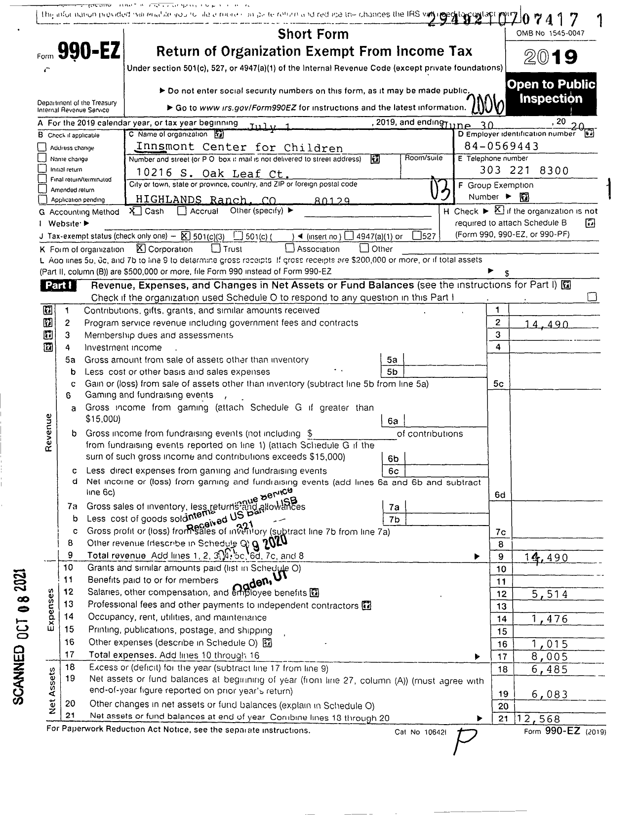 Image of first page of 2019 Form 990EZ for Innsmont Center for Children