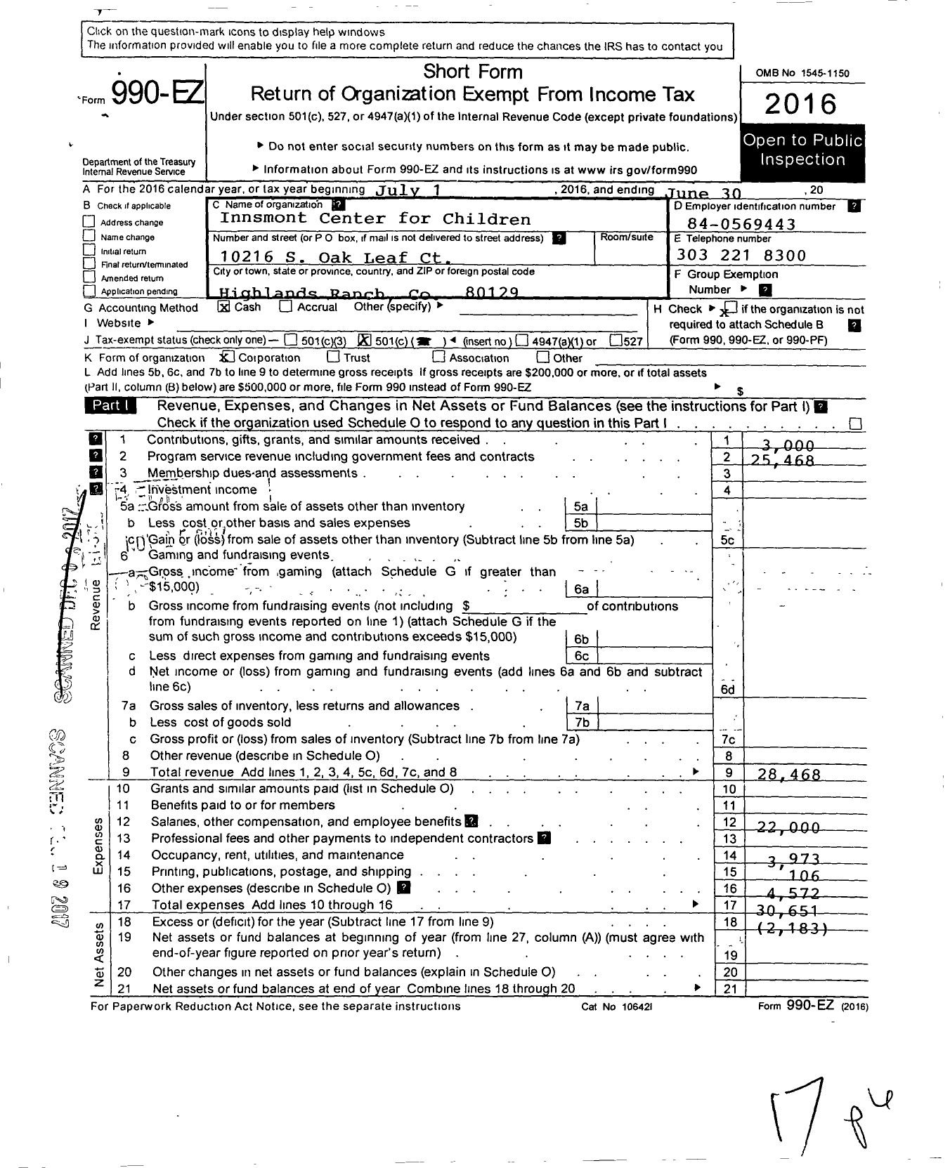 Image of first page of 2016 Form 990EO for Innsmont Center for Children