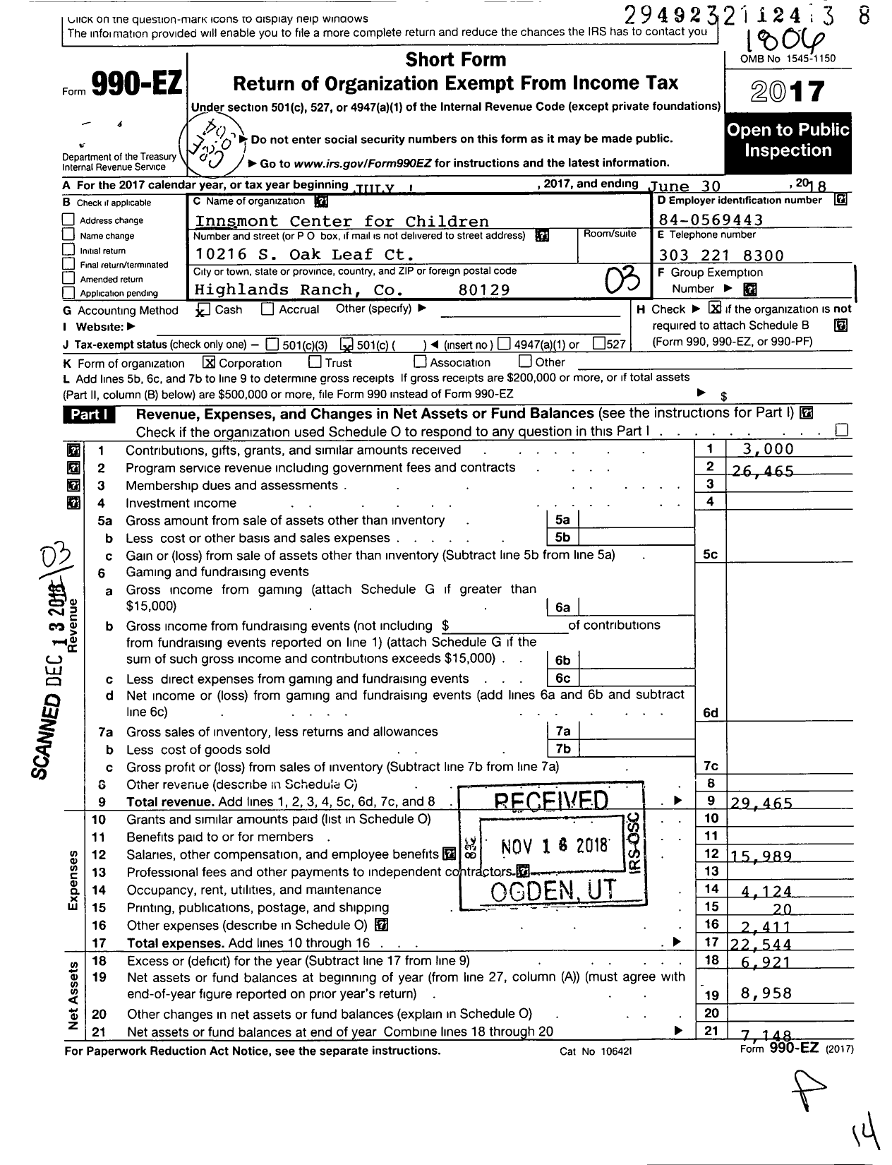 Image of first page of 2017 Form 990EZ for Innsmont Center for Children