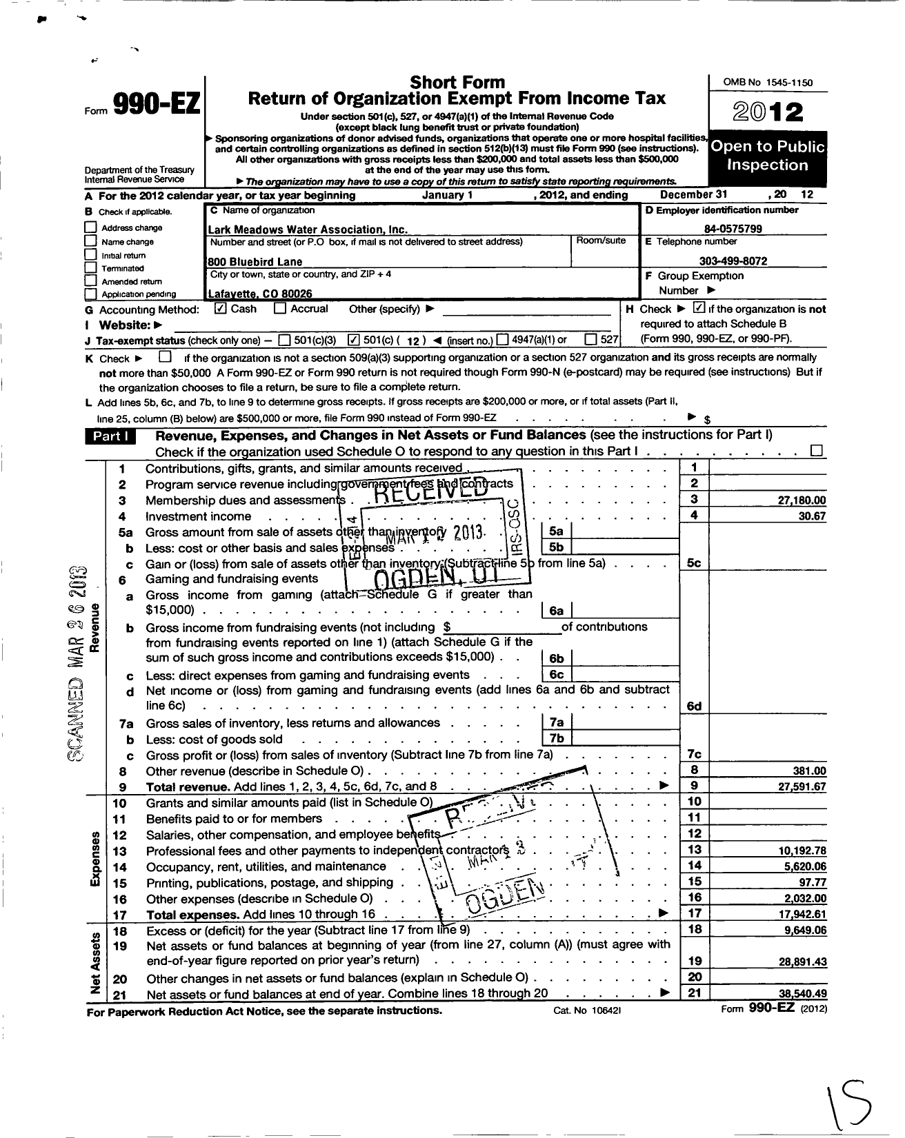 Image of first page of 2012 Form 990EO for Lark Meadows Water Association