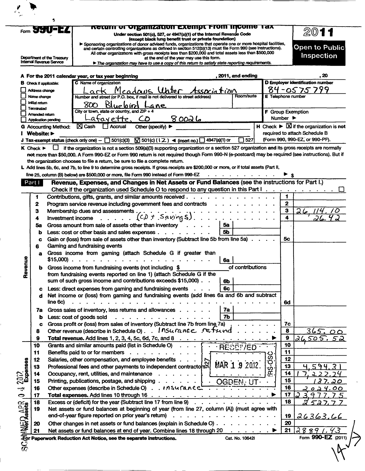 Image of first page of 2011 Form 990EO for Lark Meadows Water Association