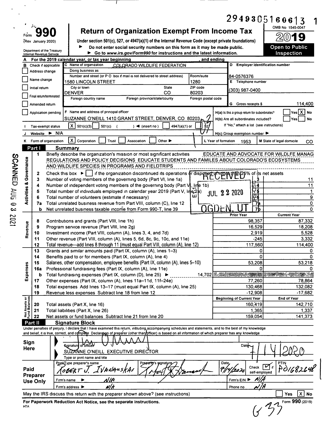 Image of first page of 2019 Form 990 for Colorado Wildlife Federation