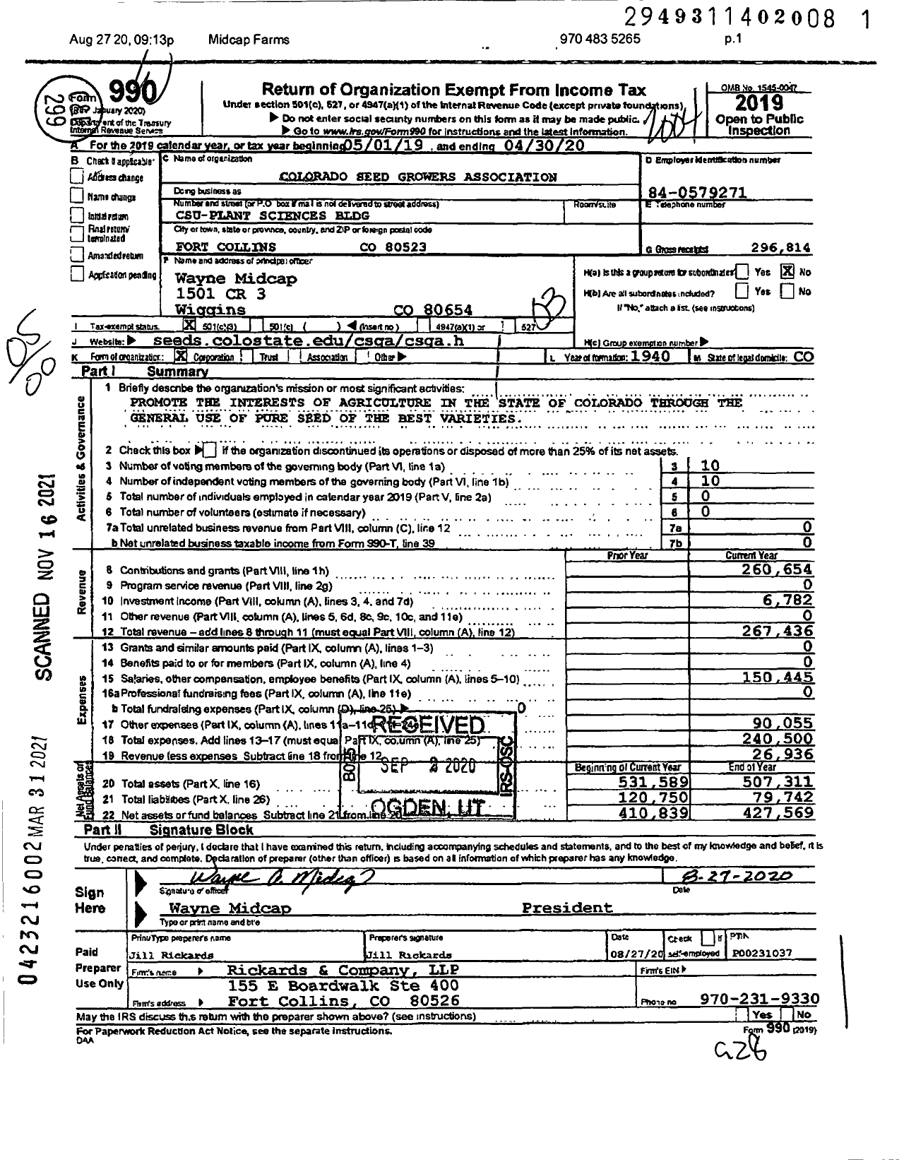 Image of first page of 2019 Form 990O for Colorado Seed Growers Association