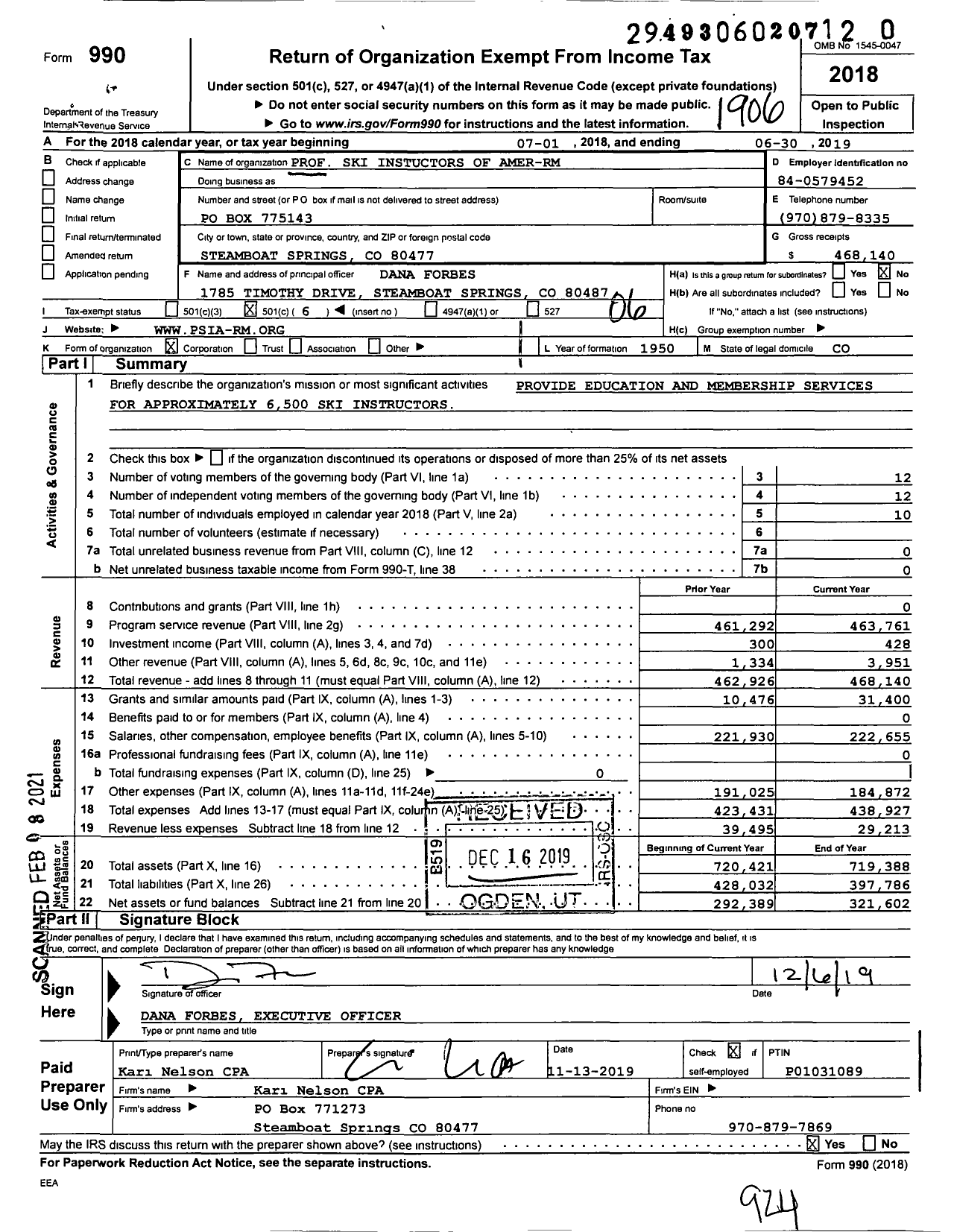 Image of first page of 2018 Form 990O for Prof Ski Instuctors of Amer-Rm