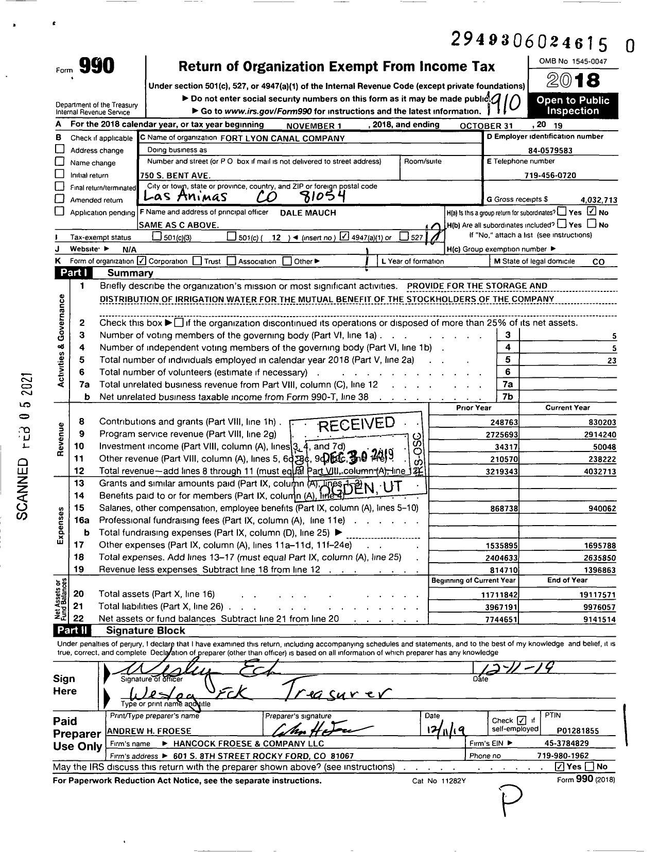 Image of first page of 2018 Form 990O for Fort Lyon Canal Company