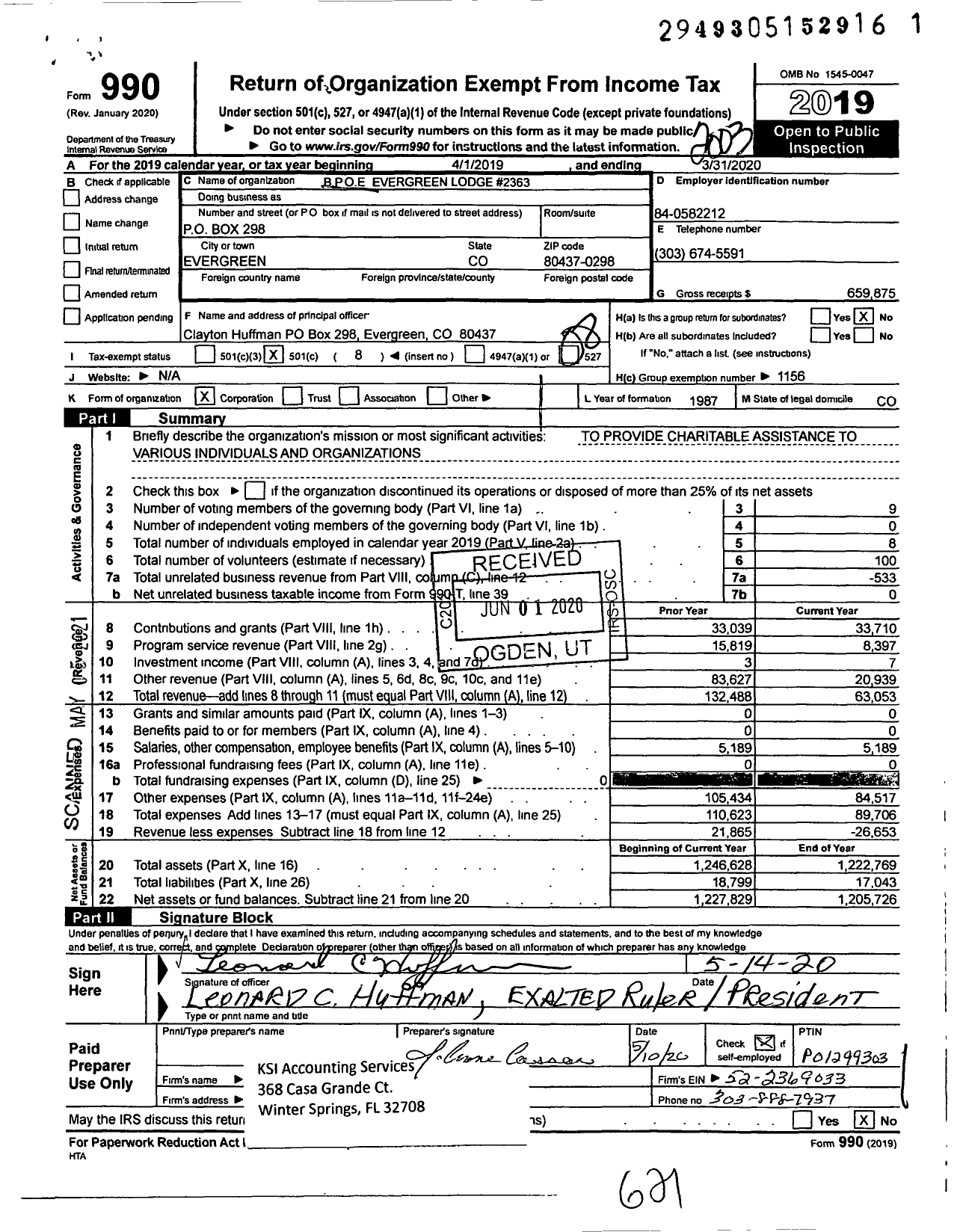 Image of first page of 2019 Form 990O for Benevolent and Protective Order of Elks - 2363 BPOE Lodge Evergreen