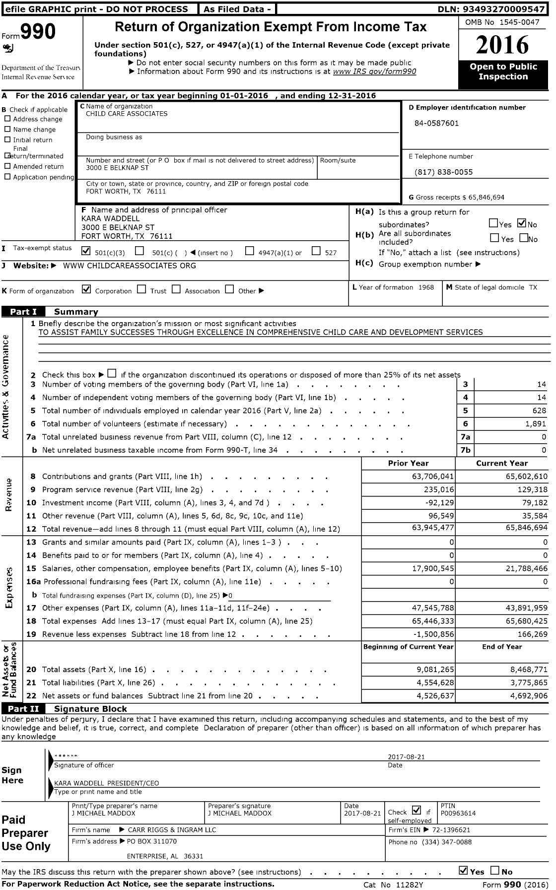 Image of first page of 2016 Form 990 for Child Care Associates (CCA)