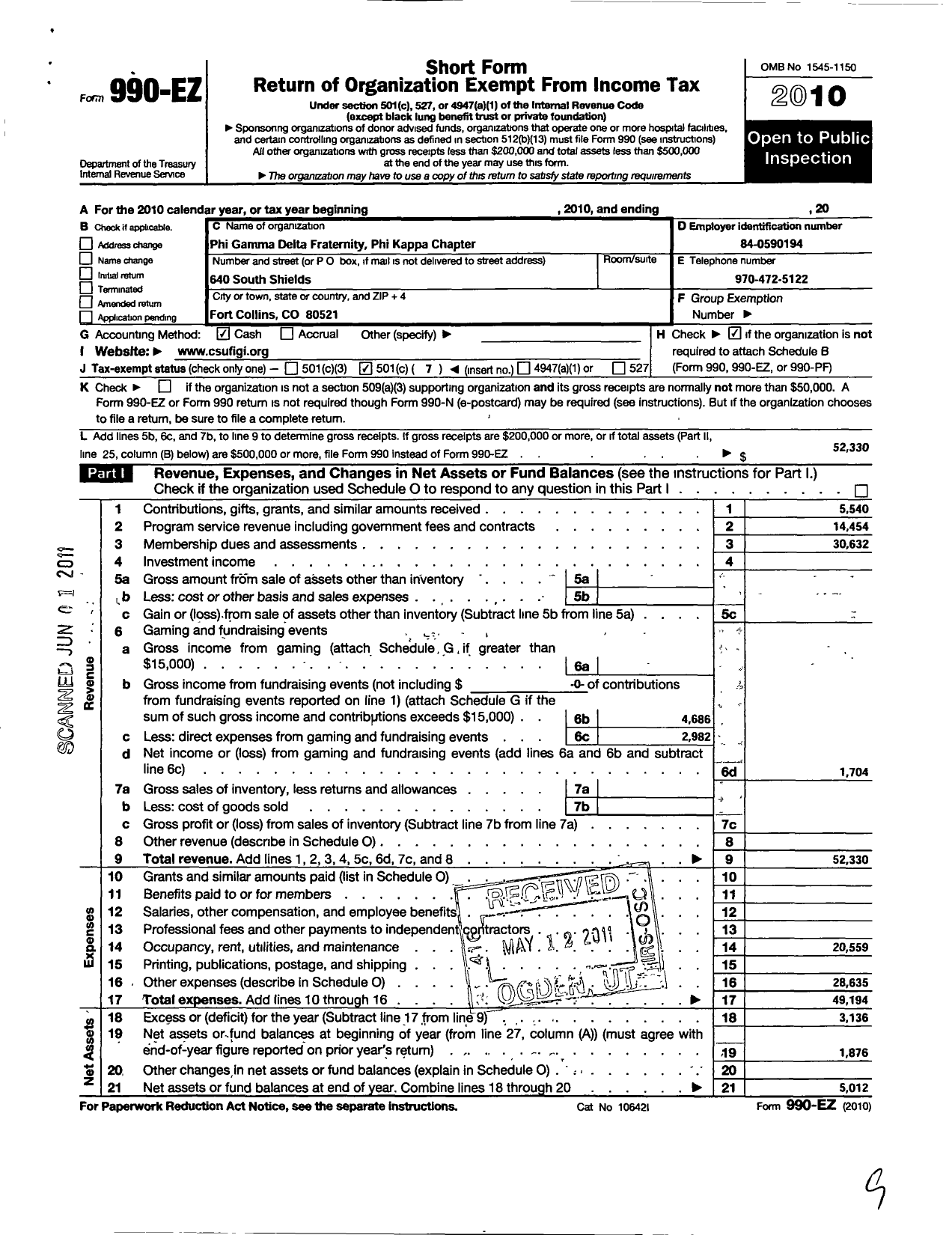 Image of first page of 2010 Form 990EO for Phi Gamma Delta Fraternity Phi Kappa Chapter