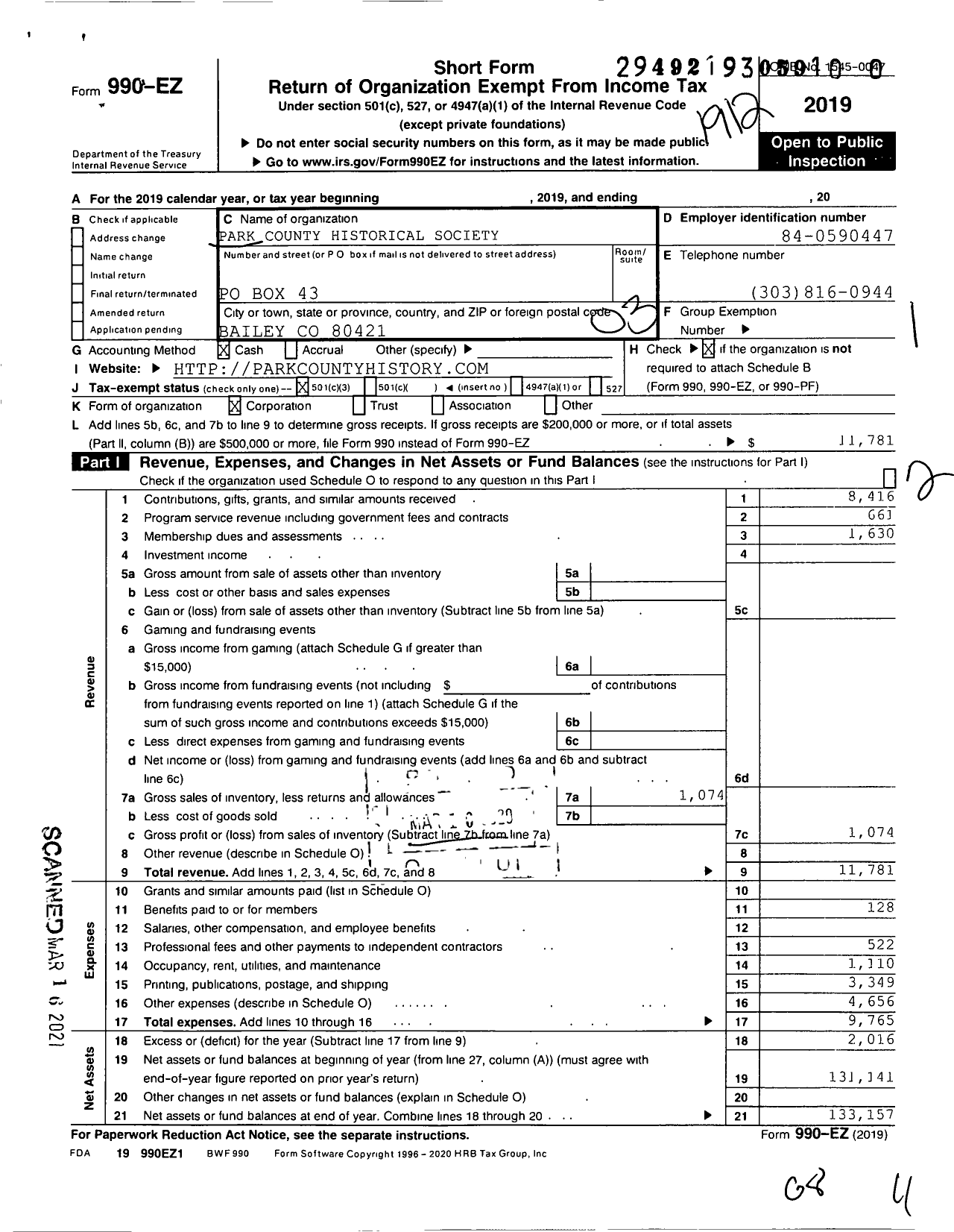 Image of first page of 2019 Form 990EZ for Park County Historical Society