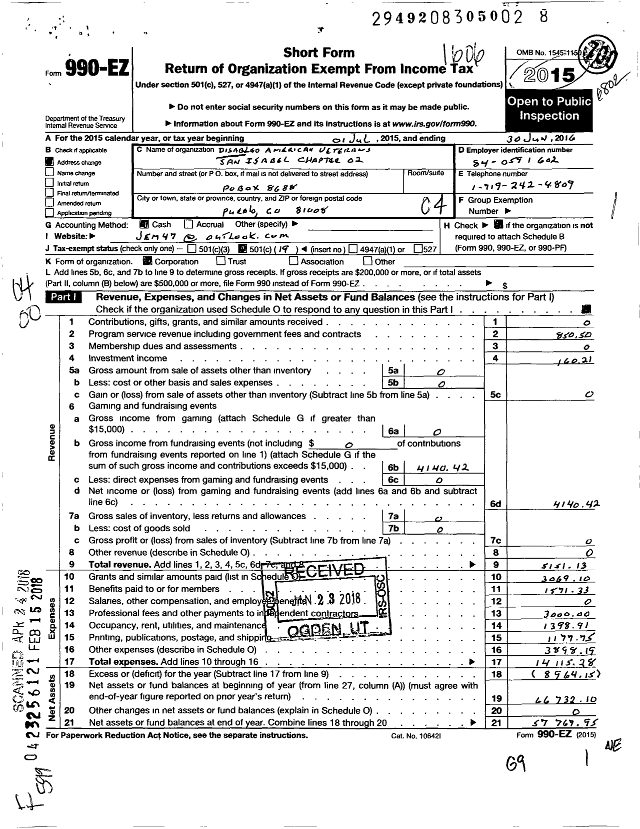 Image of first page of 2015 Form 990EO for Disabled American Veterans
