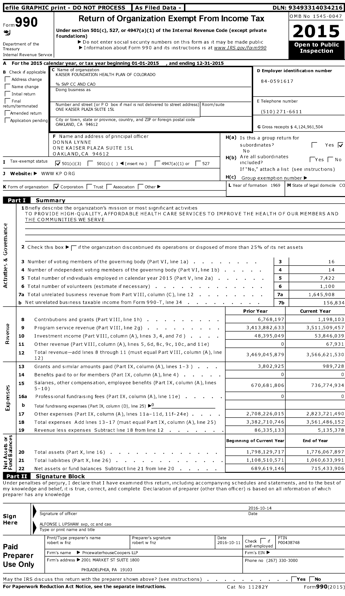 Image of first page of 2015 Form 990 for Kaiser Foundation Health Plan of Colorado