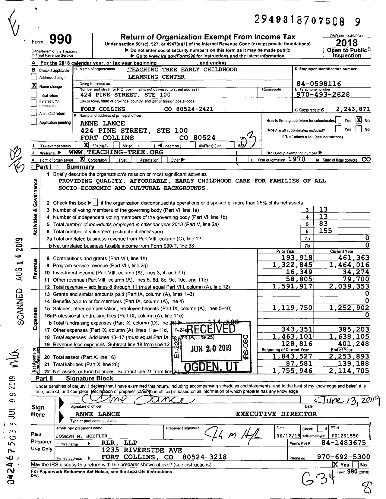 Image of first page of 2018 Form 990 for Teaching Tree Early Childhood Learning Center