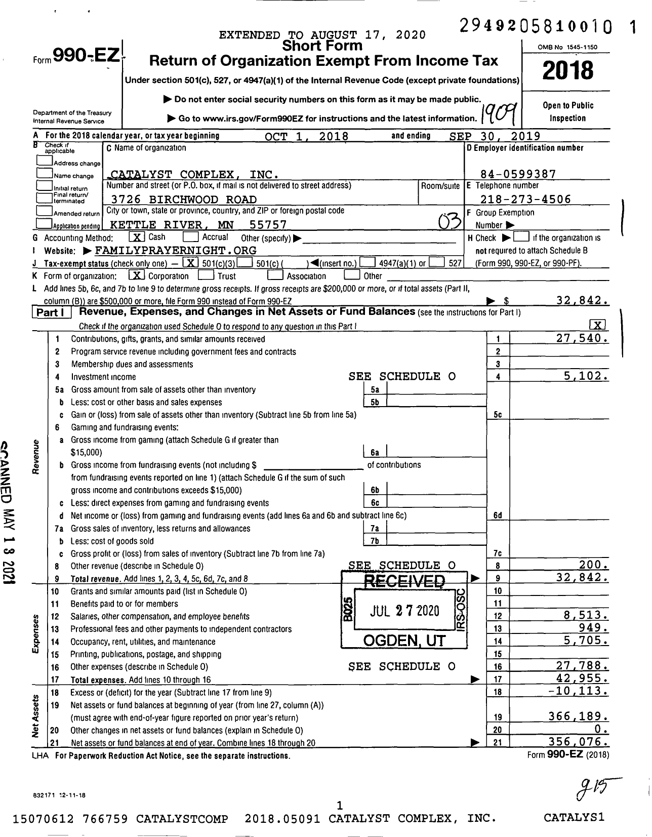 Image of first page of 2018 Form 990EZ for Catalyst Complex