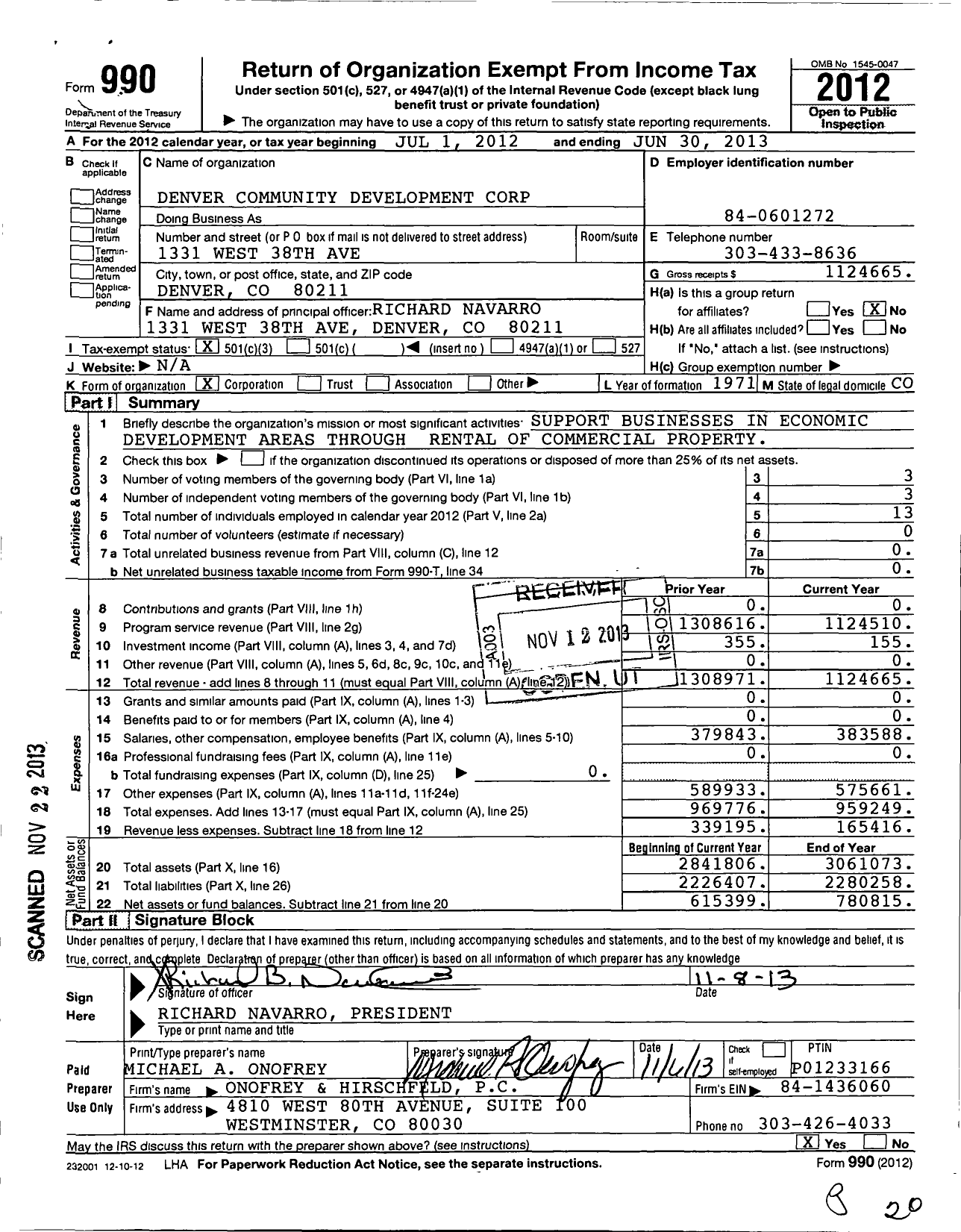 Image of first page of 2012 Form 990 for Denver Community Development Corporation